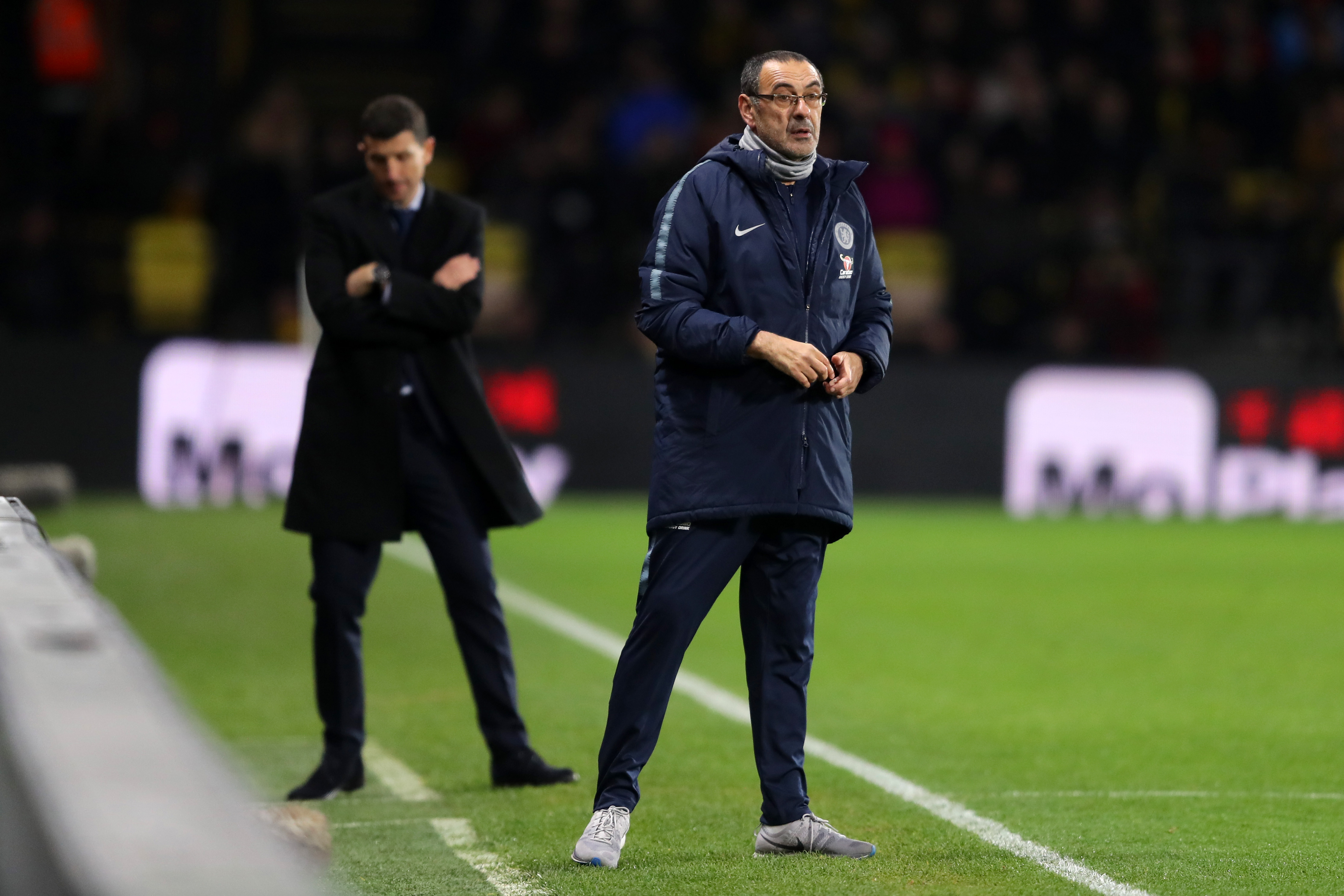 WATFORD, ENGLAND - DECEMBER 26:  Maurizio Sarri, Manager of Chelsea and Javi Gracia, Manager of Watford react during the Premier League match between Watford FC and Chelsea FC at Vicarage Road on December 26, 2018 in Watford, United Kingdom.  (Photo by Richard Heathcote/Getty Images)