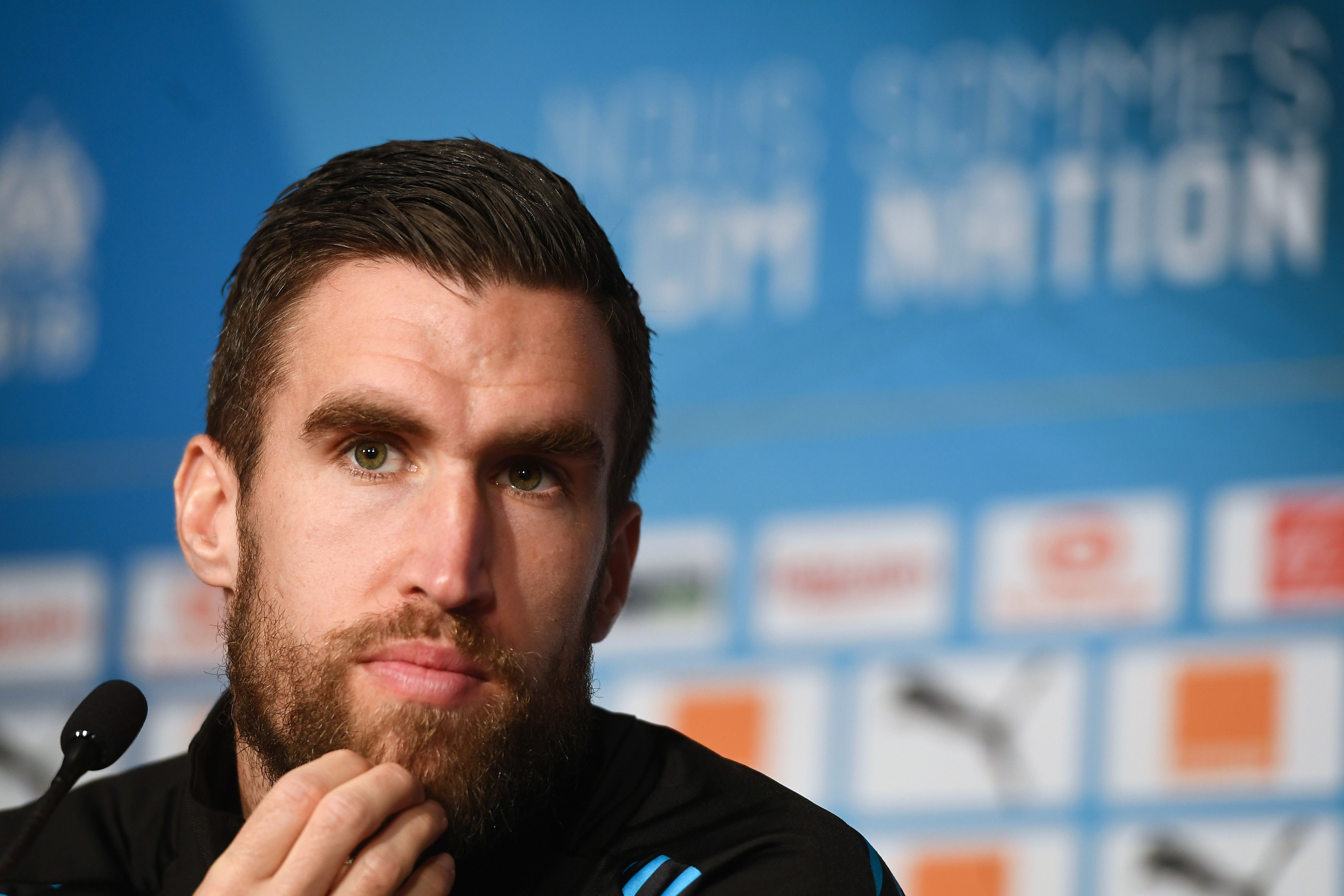 Marseille's Dutch midfielder Kevin Strootman answers questions during a press conference on January 22, 2019, at the Robert-Louis Dreyfus stadium in Marseille, France. (Photo by Boris HORVAT / AFP)        (Photo credit should read BORIS HORVAT/AFP/Getty Images)