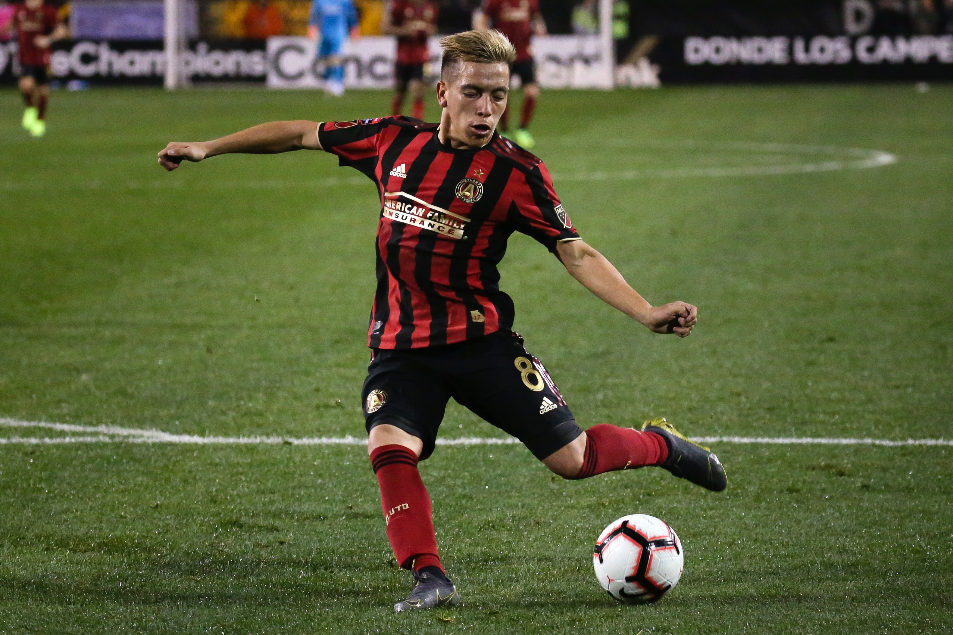 Atlanta United midfielder Ezequiel Barco shoots in the second half of the CONCACAF Champions League playoff football match between Atlanta United and Herediano at the Fifth Third Bank Stadium on February 28, 2019, in Kennesaw, Georgia. (Photo by Elijah Nouvelage / AFP)        (Photo credit should read ELIJAH NOUVELAGE/AFP/Getty Images)