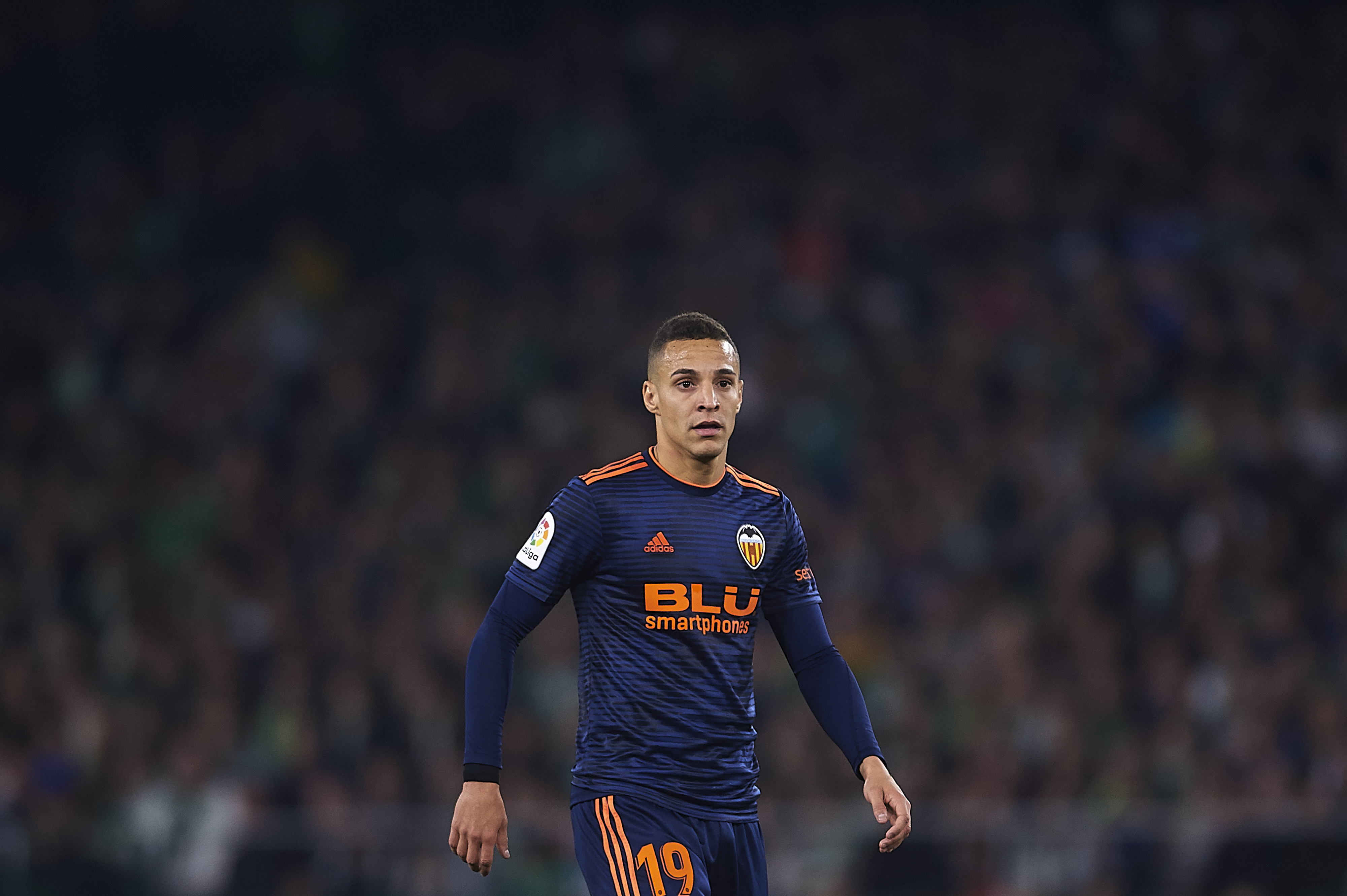 SEVILLE, SPAIN - FEBRUARY 07: Rodrigo Moreno of Valencia CF looks on during the Copa del Semi Final match between Real Betis and Valencia at Estadio Benito Villamarin on February 07, 2019 in Seville, Spain. (Photo by Aitor Alcalde/Getty Images)
