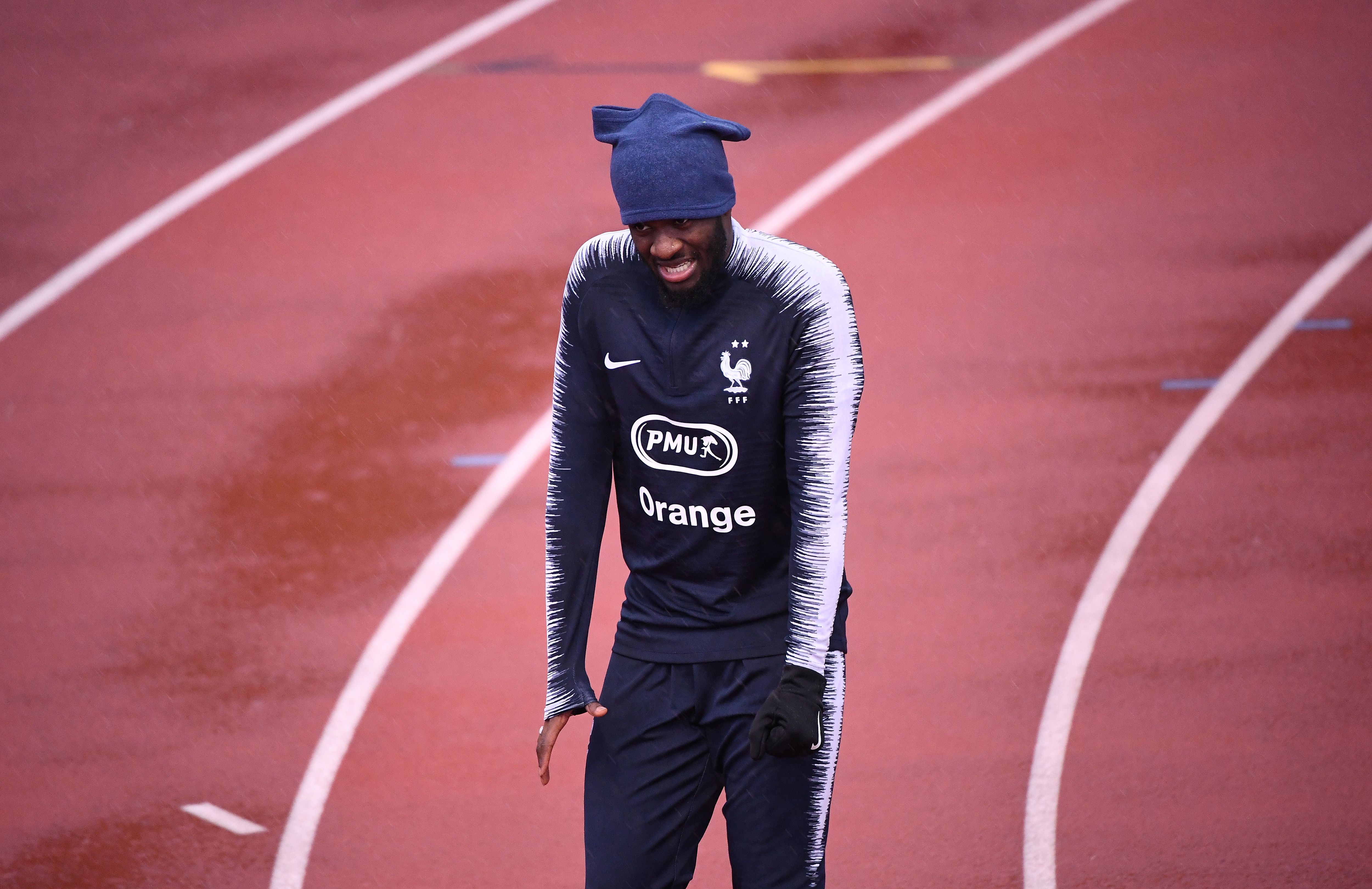 France's midfielder Tanguy Ndombele reacts before  a training session in Clairefontaine-en-Yvelines, southwest of Paris, on March 18, 2019, as part of the team's preparation for the upcoming UEFA Euro 2020 Group H qualifying football matches against Moldova and Iceland. - France plays against Moldova on March 22 and Iceland March 25, 2019. (Photo by FRANCK FIFE / AFP)        (Photo credit should read FRANCK FIFE/AFP/Getty Images)