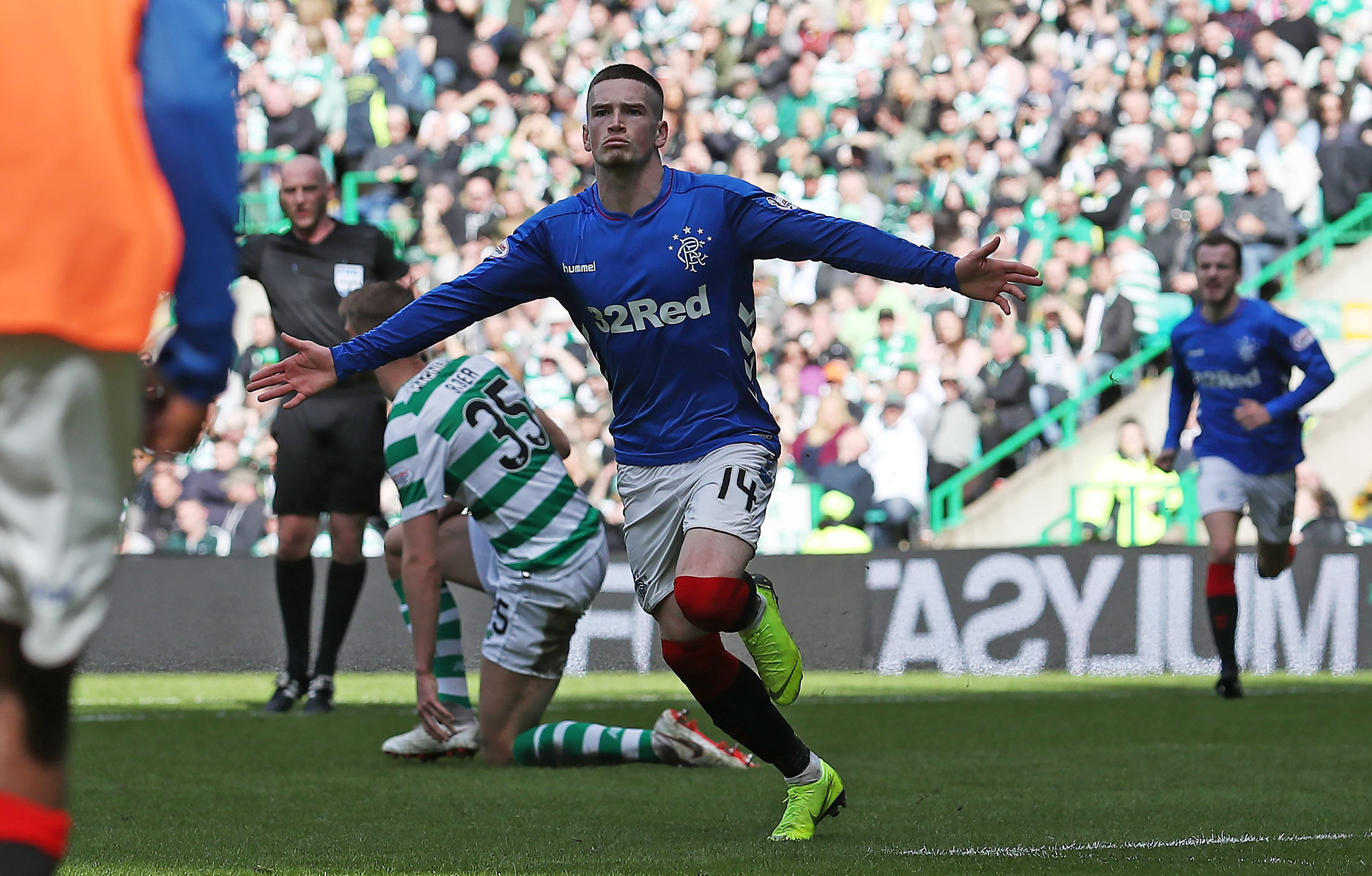 GLASGOW, SCOTLAND - MARCH 31: Ryan Kent of Rangers celebrates after he scores during The Ladbrokes Scottish Premier League match between Celtic and Rangers at Celtic Park on March 31, 2019 in Glasgow, Scotland. (Photo by Ian MacNicol/Getty Images