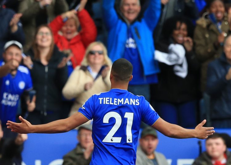 Leicester City's Belgian midfielder Youri Tielemans celebrates scoring the opening goal during the English Premier League football match between Leicester City and Arsenal at King Power Stadium in Leicester, central England on April 28, 2019. (Photo by Lindsey PARNABY / AFP) / RESTRICTED TO EDITORIAL USE. No use with unauthorized audio, video, data, fixture lists, club/league logos or 'live' services. Online in-match use limited to 120 images. An additional 40 images may be used in extra time. No video emulation. Social media in-match use limited to 120 images. An additional 40 images may be used in extra time. No use in betting publications, games or single club/league/player publications. /         (Photo credit should read LINDSEY PARNABY/AFP/Getty Images)
