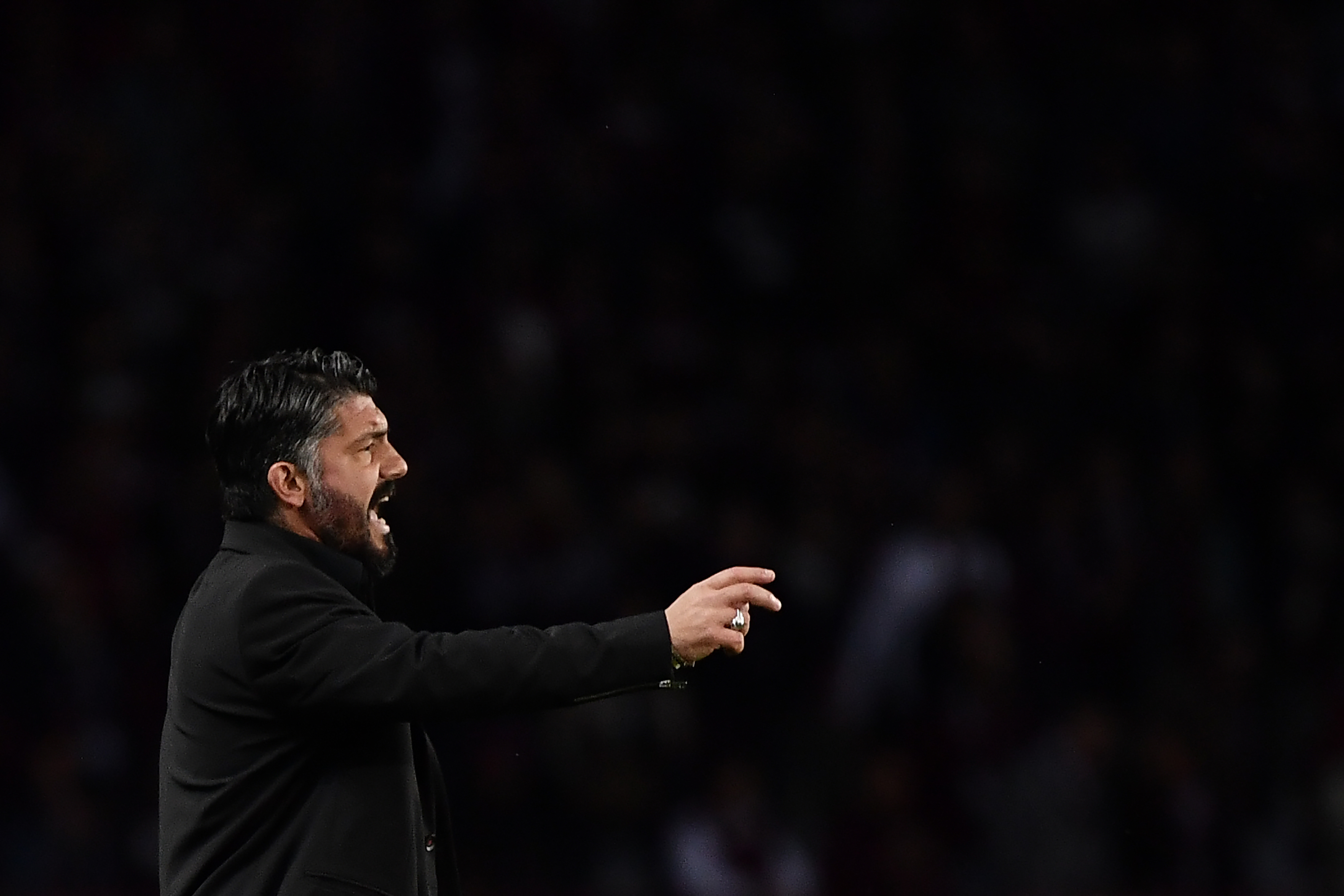 Milan's Italian coach Gennaro Gattuso gestures during the Italian Serie A football match between Torino and AC Milan on April 28, 2019 at the Grande Torino stadium in Turin. (Photo by MARCO BERTORELLO / AFP)        (Photo credit should read MARCO BERTORELLO/AFP/Getty Images)