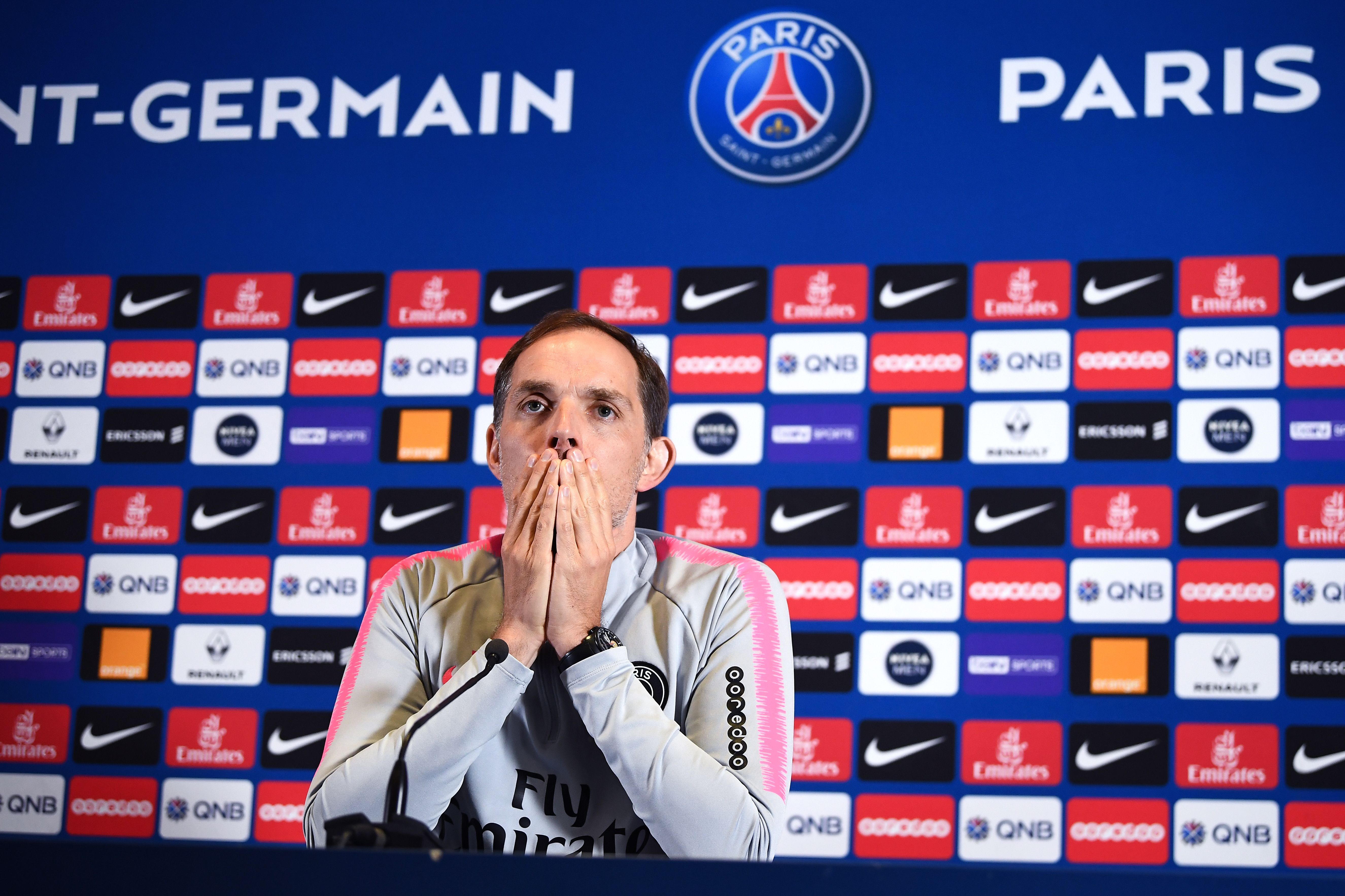 Paris Saint-Germain's German coach Thomas Tuchel answers questions during a press conference at the club's Camp des Loges in Saint-Germain-en-Laye, near Paris on April 29, 2019. - The French Cup final between Paris Saint-Germain and Rennes on April 27, went into extra time after finishing 2-2 at the end of 90 minutes at the Stade de France. Rennes beat PSG on penalties to win the French Cup final which they last lifted in 1971. (Photo by Anne-Christine POUJOULAT / AFP)        (Photo credit should read ANNE-CHRISTINE POUJOULAT/AFP/Getty Images)
