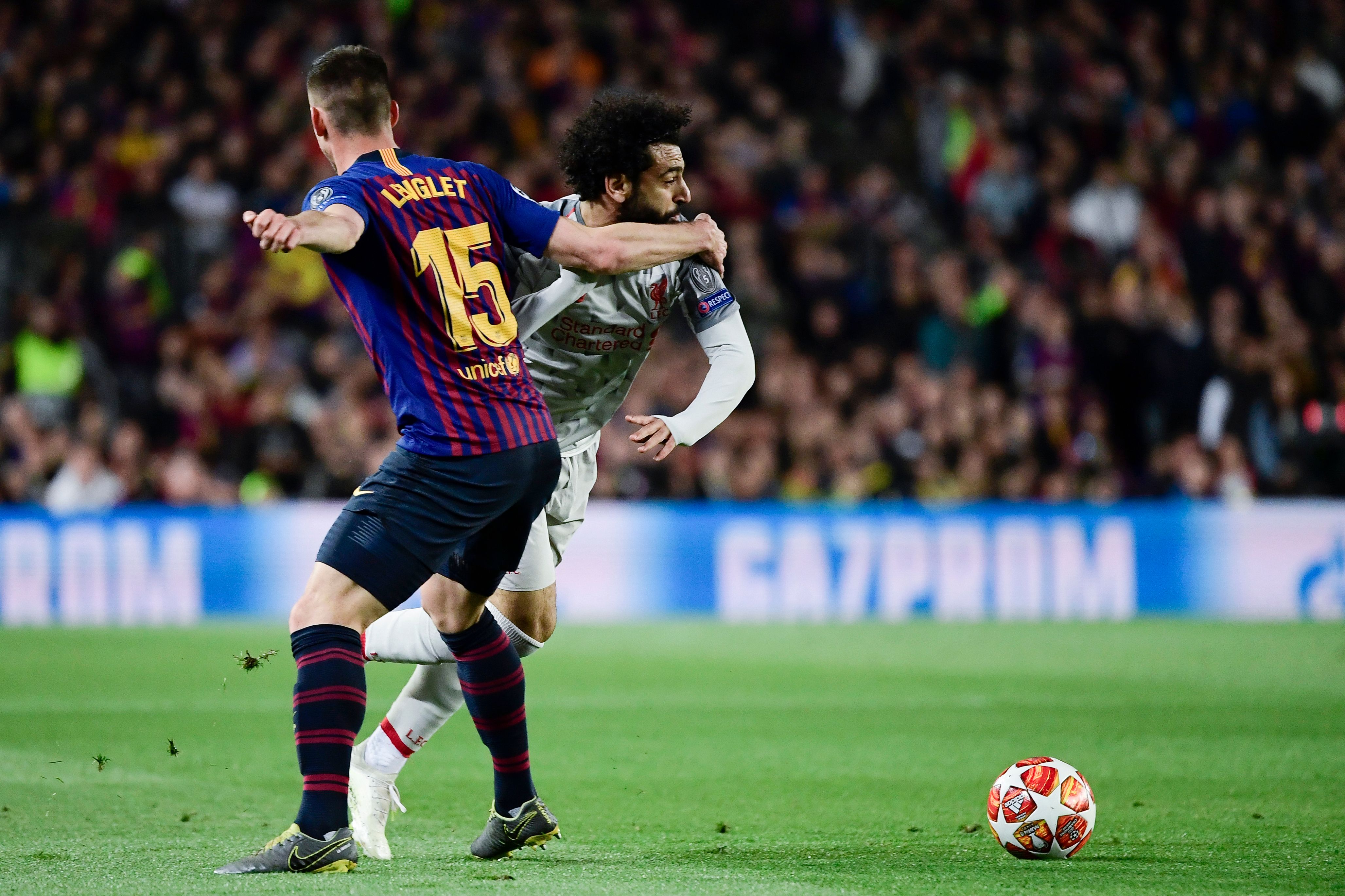 Lenglet struggled against the tricky Salah. (Photo by Javier Soriano/AFP/Getty Images)