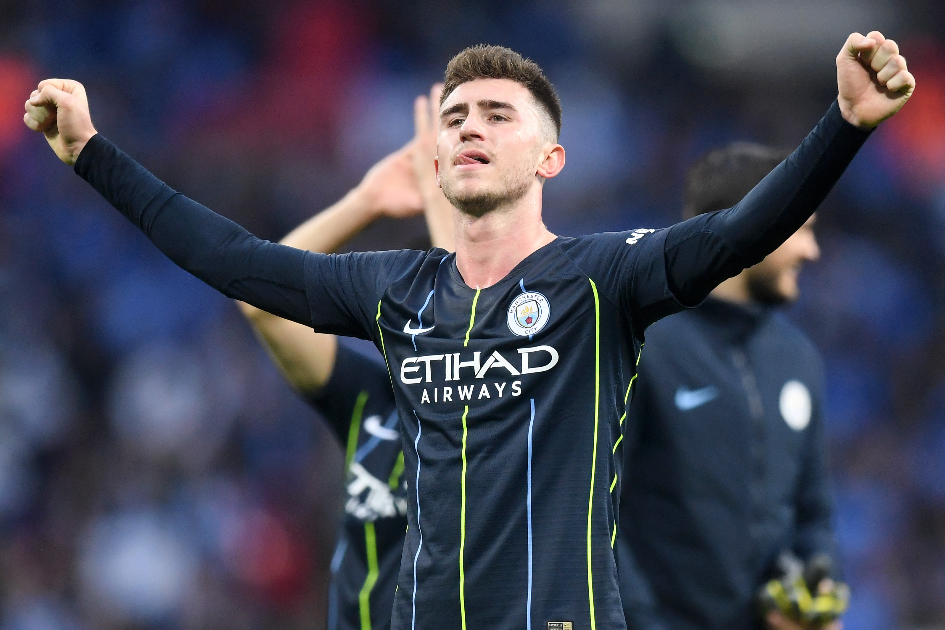 LONDON, ENGLAND - APRIL 06: Aymeric Laporte of Manchester City celebrates victory after the FA Cup Semi Final match between Manchester City  and Brighton and Hove Albion at Wembley Stadium on April 06, 2019 in London, England. (Photo by Michael Regan/Getty Images)