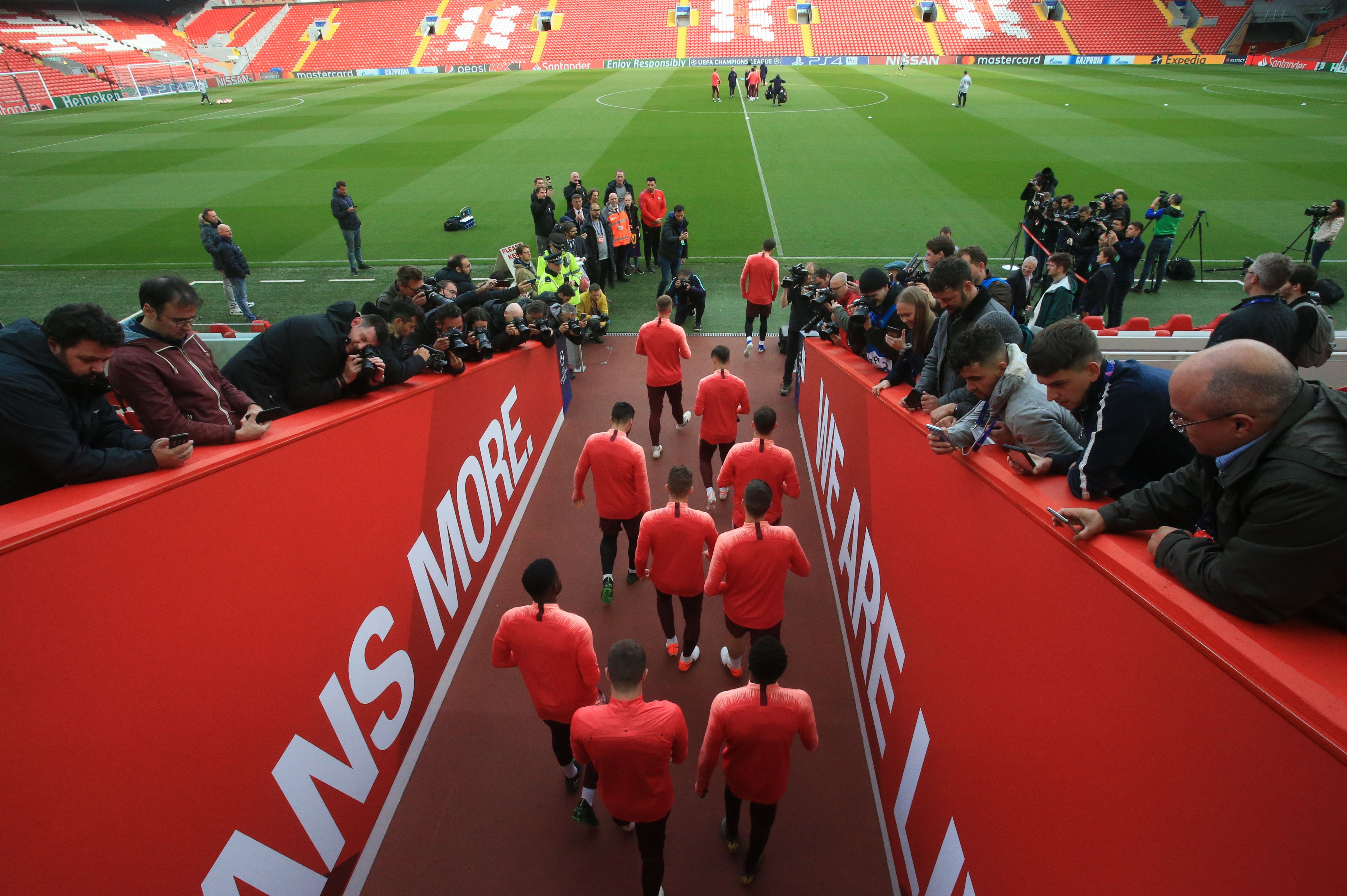 Barcelona players come out for a training session at Anfield stadium in Liverpool, north west England on on May 6, 2019, on the eve of their UEFA Champions League semi-final second leg football match against Liverpool. (Photo by Lindsey PARNABY / AFP)        (Photo credit should read LINDSEY PARNABY/AFP/Getty Images)