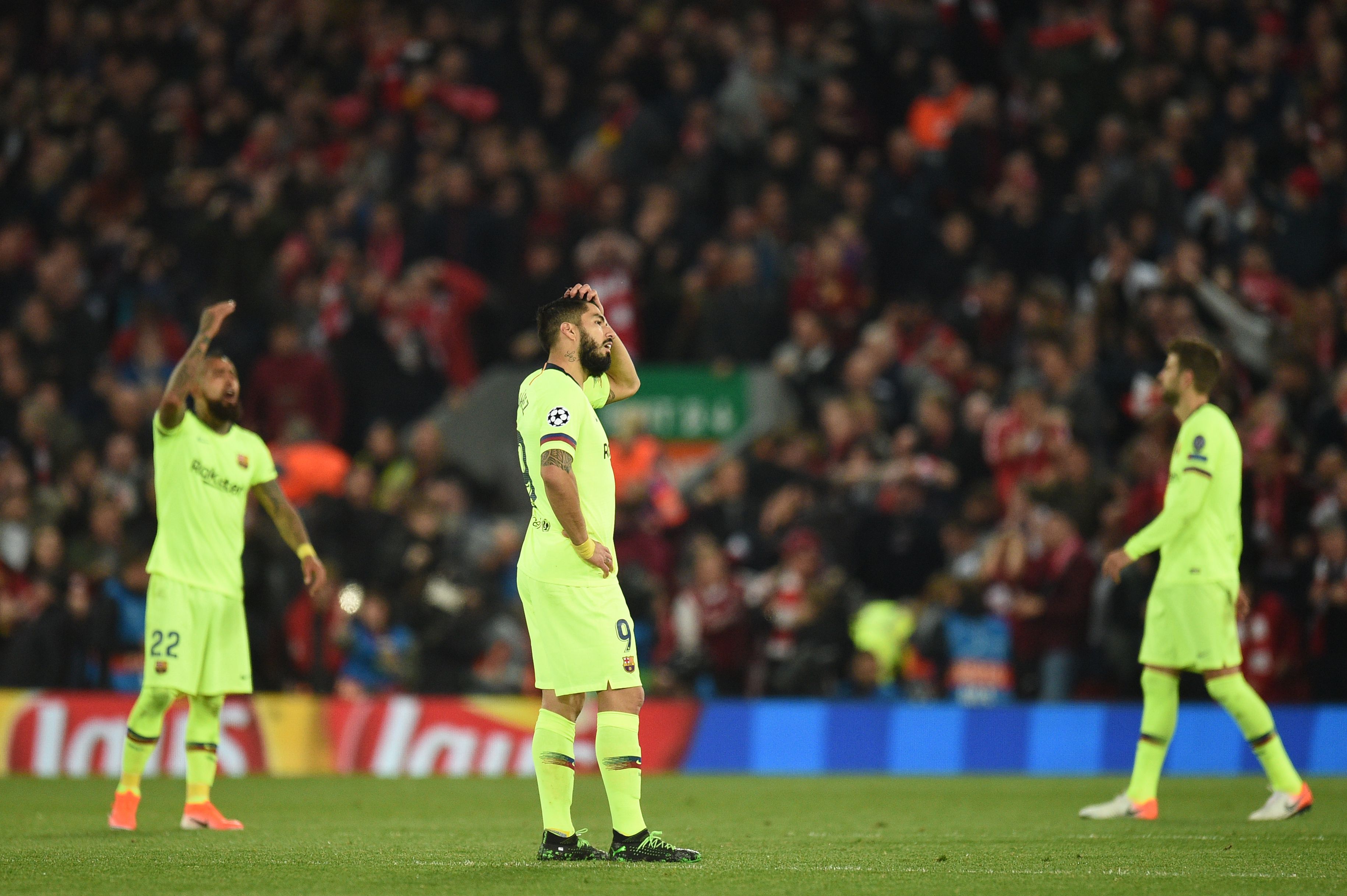 Barcelona's Uruguayan striker Luis Suarez reacts after Liverpool scored their third goal during the UEFA Champions league semi-final second leg football match between Liverpool and Barcelona at Anfield in Liverpool, north west England on May 7, 2019. (Photo by Oli SCARFF / AFP)        (Photo credit should read OLI SCARFF/AFP/Getty Images)