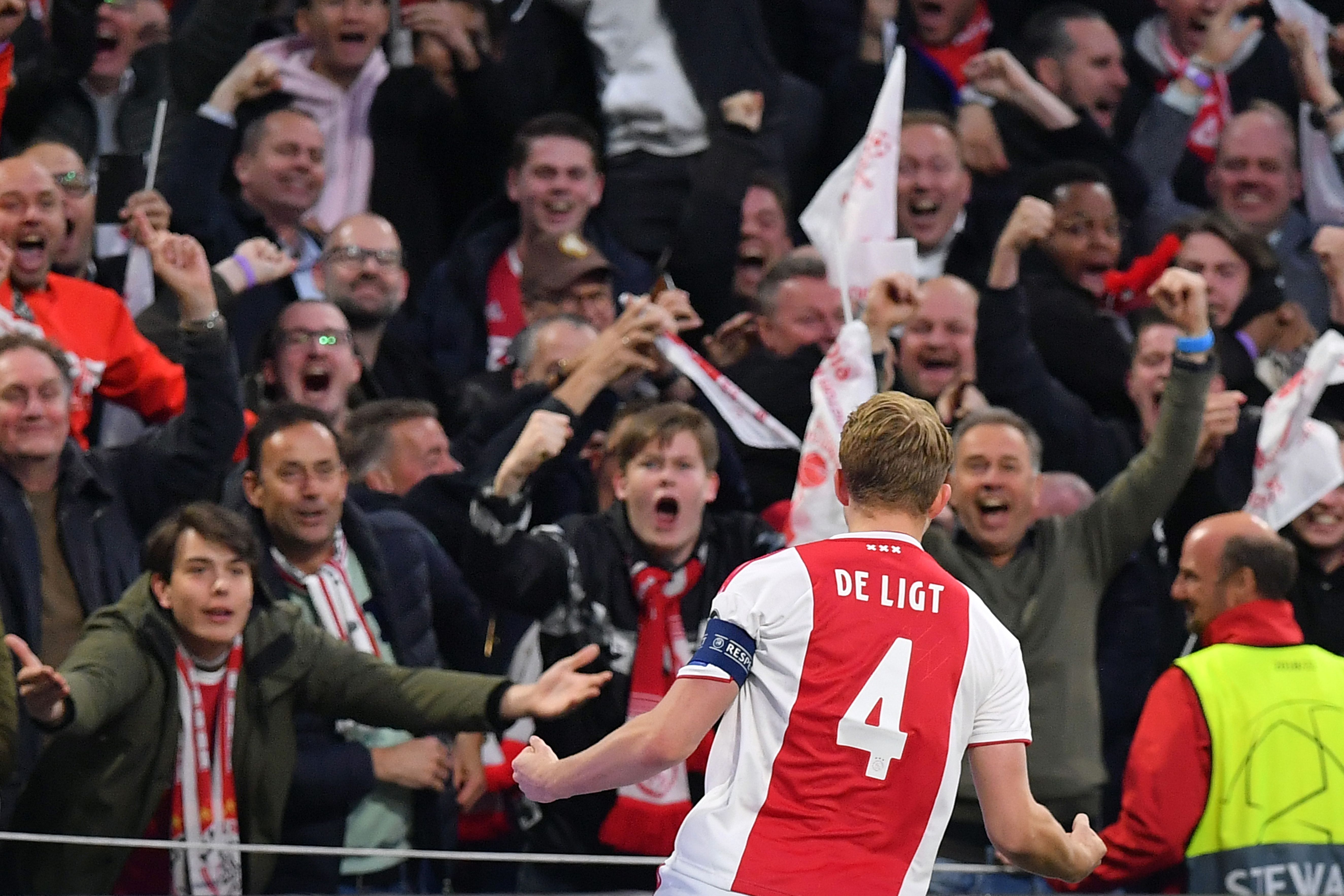 Ajax's Dutch defender Matthijs de Ligt celebrates after scoring the first goal during the UEFA Champions League semi-final second leg football match between Ajax Amsterdam and Tottenham Hotspur at the Johan Cruyff Arena, in Amsterdam, on May 8, 2019. (Photo by EMMANUEL DUNAND / AFP)        (Photo credit should read EMMANUEL DUNAND/AFP/Getty Images)