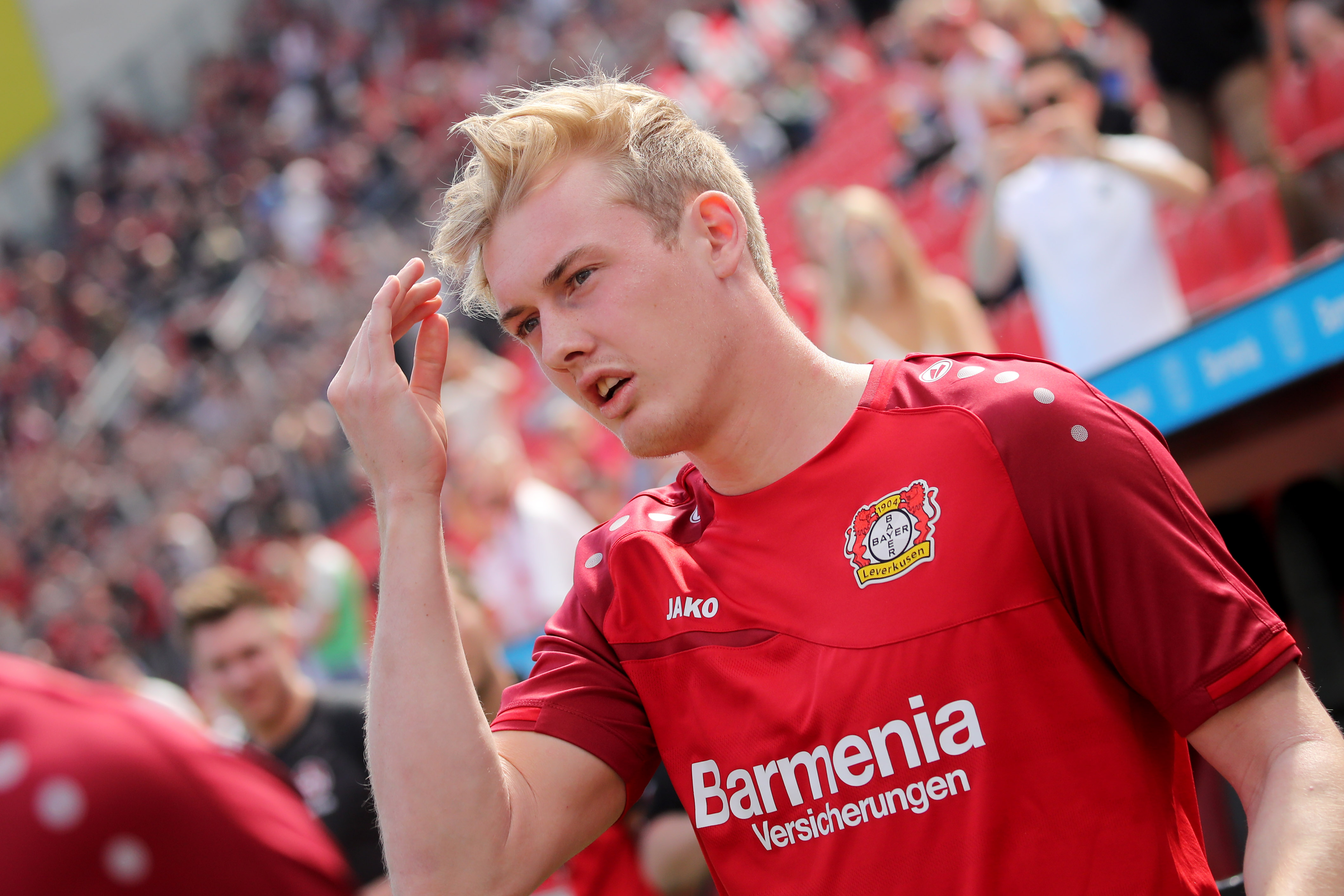 LEVERKUSEN, GERMANY - APRIL 20: Julian Brandt of Leverkusen looks on prior to the Bundesliga match between Bayer 04 Leverkusen and 1. FC Nuernberg at BayArena on April 20, 2019 in Leverkusen, Germany. The match between Leverkusen and Nuernberg ended 2-0. (Photo by Christof Koepsel/Bongarts/Getty Images)