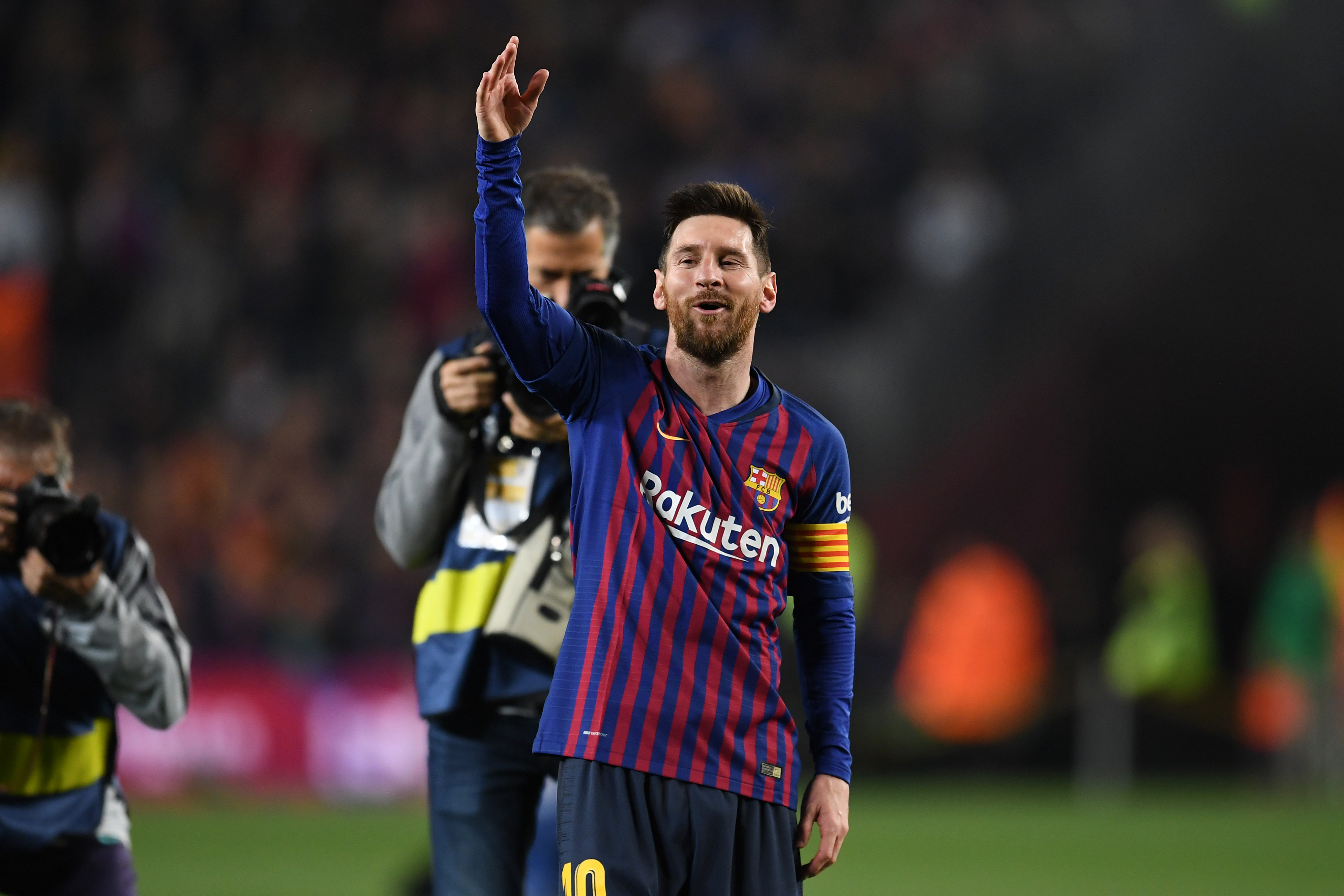 BARCELONA, SPAIN - APRIL 27: Lionel Messi of FC Barcelona celebrates as his team win the La Liga following their victory in the La Liga match between FC Barcelona and Levante UD at Camp Nou on April 27, 2019 in Barcelona, Spain. (Photo by David Ramos/Getty Images)