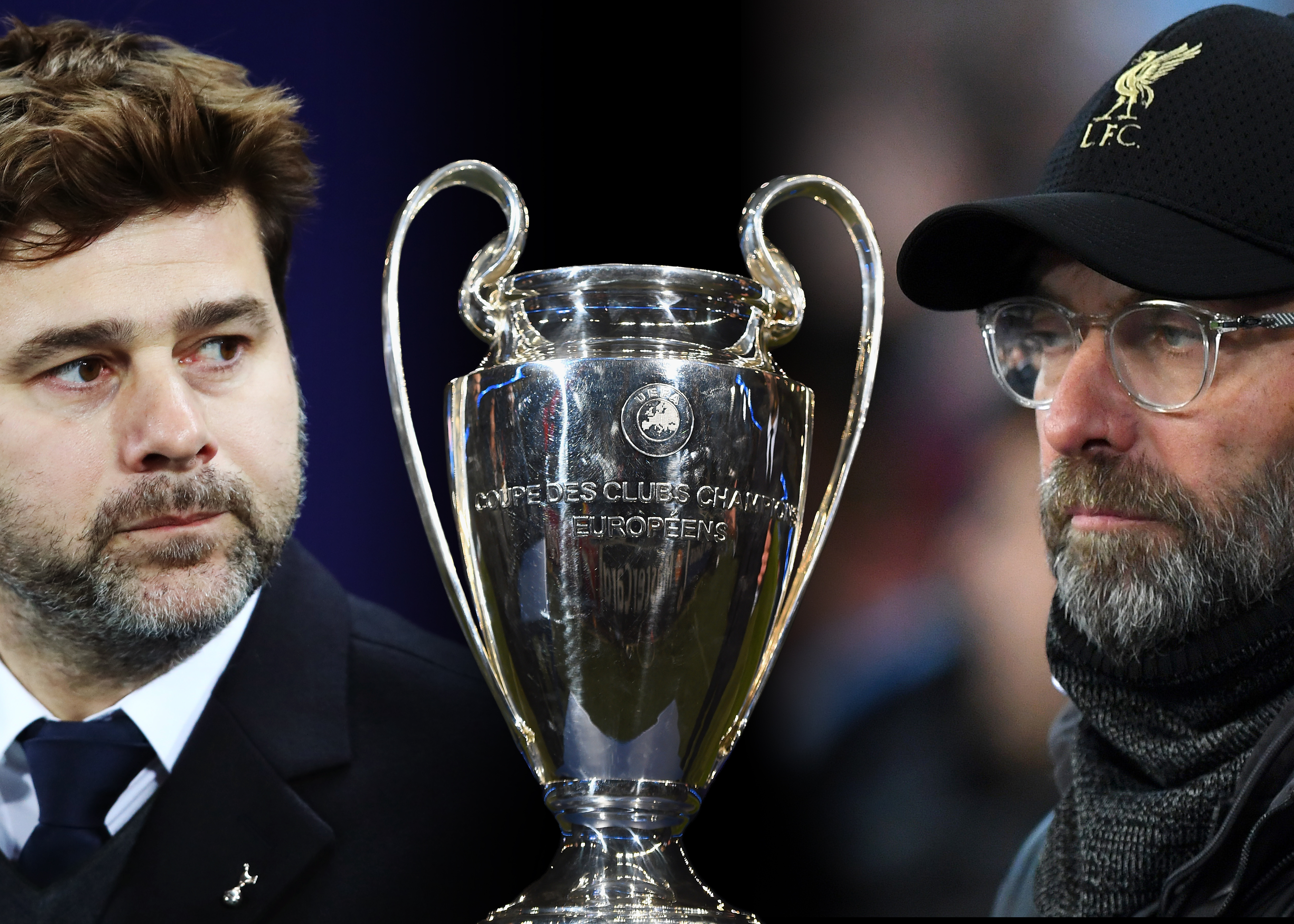 FILE PHOTO (EDITORS NOTE: COMPOSITE OF IMAGES - Image numbers 887122058,464313758,1076708990 - GRADIENT ADDED) In this composite image a comparison has been made between Mauricio Pochettino, Manager of Tottenham Hotspur (L) and Jurgen Klopp, Manager of Liverpool . Tottenham Hotspur and Liverpool meet in the UEFA Champions League Final at the Estadio Wanda Metropolitano on June 1, 2019 in Madrid,Spain.  ***LEFT IMAGE*** LONDON, ENGLAND - DECEMBER 06: Mauricio Pochettino, Manager of Tottenham Hotspur looks on prior to the UEFA Champions League group H match between Tottenham Hotspur and APOEL Nicosia at Wembley Stadium on December 6, 2017 in London, United Kingdom. (Photo by Julian Finney/Getty Images) ***CENTRE IMAGE*** MANCHESTER, ENGLAND - FEBRUARY 24: The Champions league trophy is seen prior to the UEFA Champions League Round of 16 match between Manchester City and Barcelona at Etihad Stadium on February 24, 2015 in Manchester, United Kingdom. (Photo by Laurence Griffiths/Getty Images)  ***RIGHT IMAGE***  MANCHESTER, ENGLAND - JANUARY 03: Jurgen Klopp, Manager of Liverpool looks on prior to the Premier League match between Manchester City and Liverpool FC at the Etihad Stadium on January 3, 2019 in Manchester, United Kingdom. (Photo by Shaun Botterill/Getty Images)