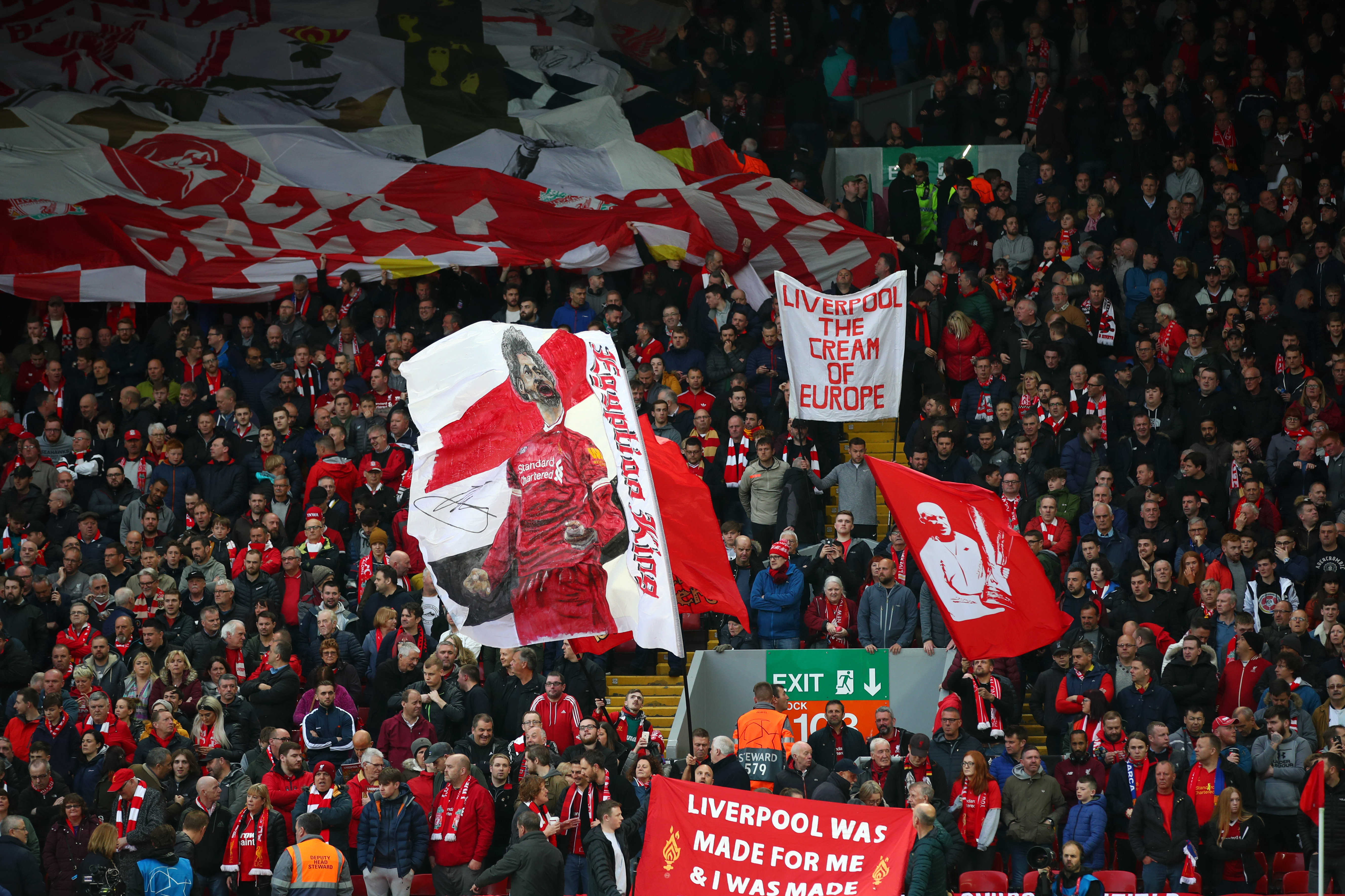 LIVERPOOL, ENGLAND - MAY 07:  Liverpool fans show their support during the UEFA Champions League Semi Final second leg match between Liverpool and Barcelona at Anfield on May 07, 2019 in Liverpool, England. (Photo by Clive Brunskill/Getty Images)