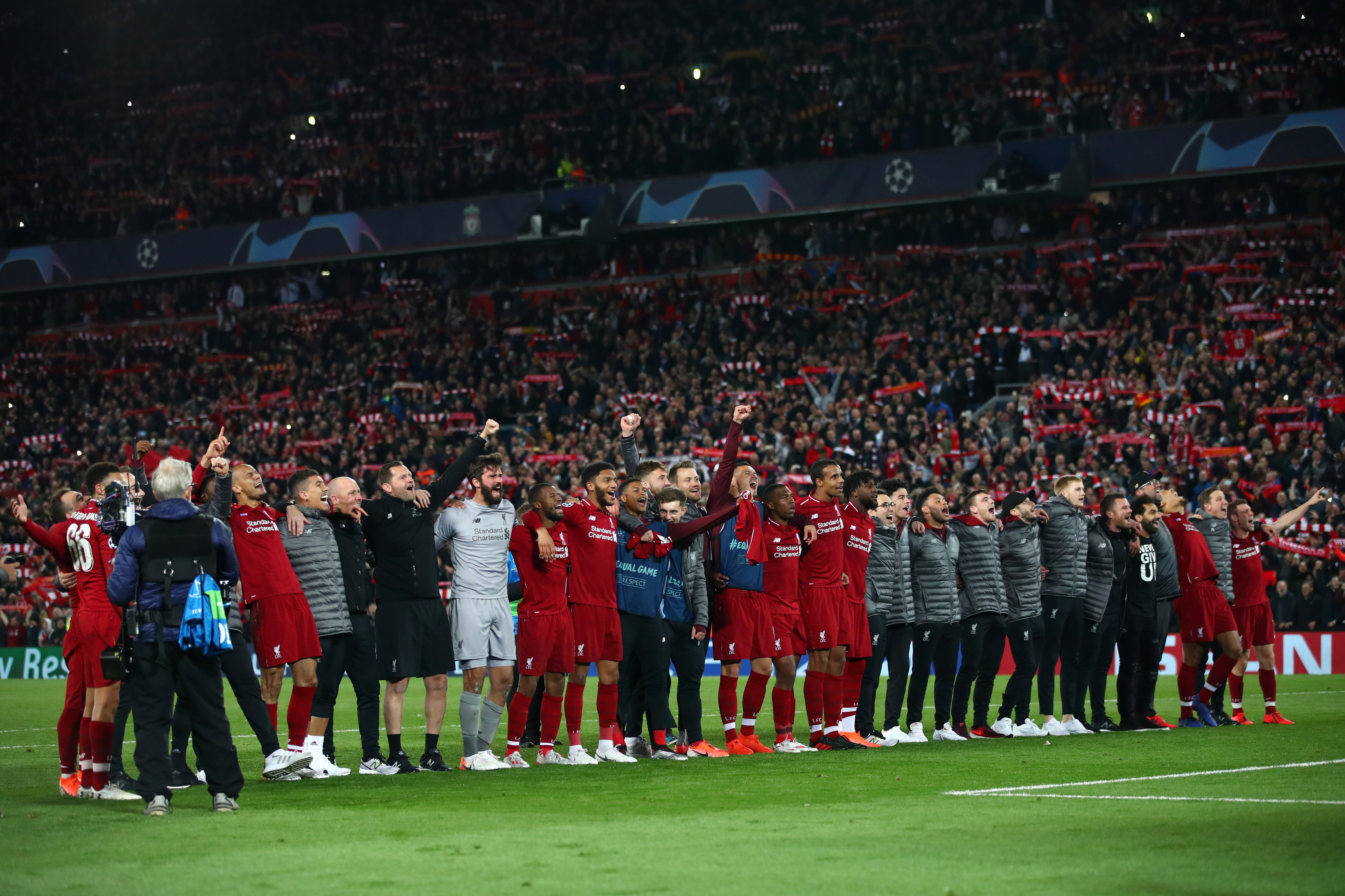 LIVERPOOL, ENGLAND - MAY 07:  Liverpool players celebrate following their sides victory in the UEFA Champions League Semi Final second leg match between Liverpool and Barcelona at Anfield on May 07, 2019 in Liverpool, England. (Photo by Clive Brunskill/Getty Images)