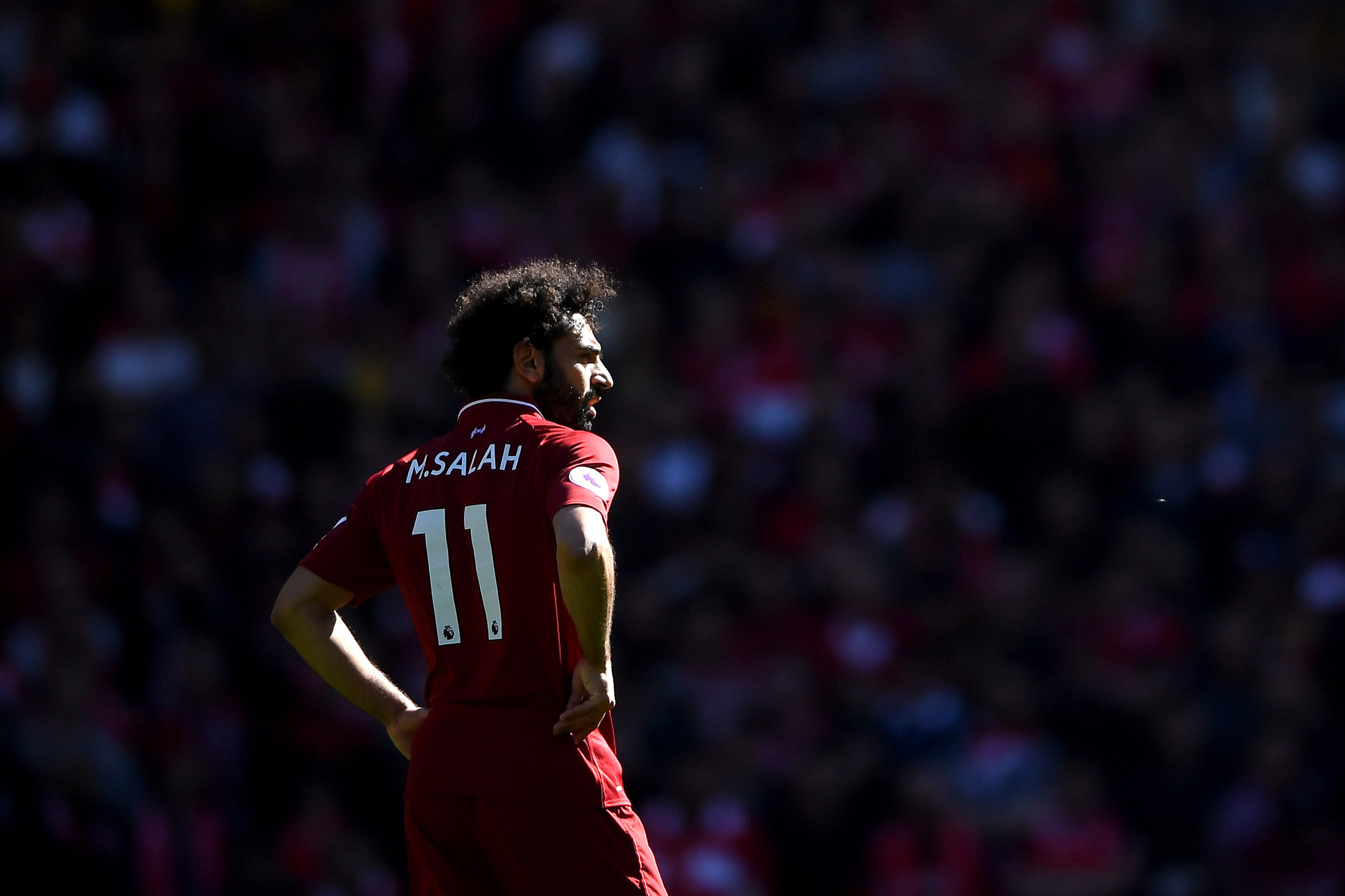 LIVERPOOL, ENGLAND - MAY 12: Mohamed Salah of Liverpool reacts during the Premier League match between Liverpool FC and Wolverhampton Wanderers at Anfield on May 12, 2019 in Liverpool, United Kingdom. (Photo by Laurence Griffiths/Getty Images)