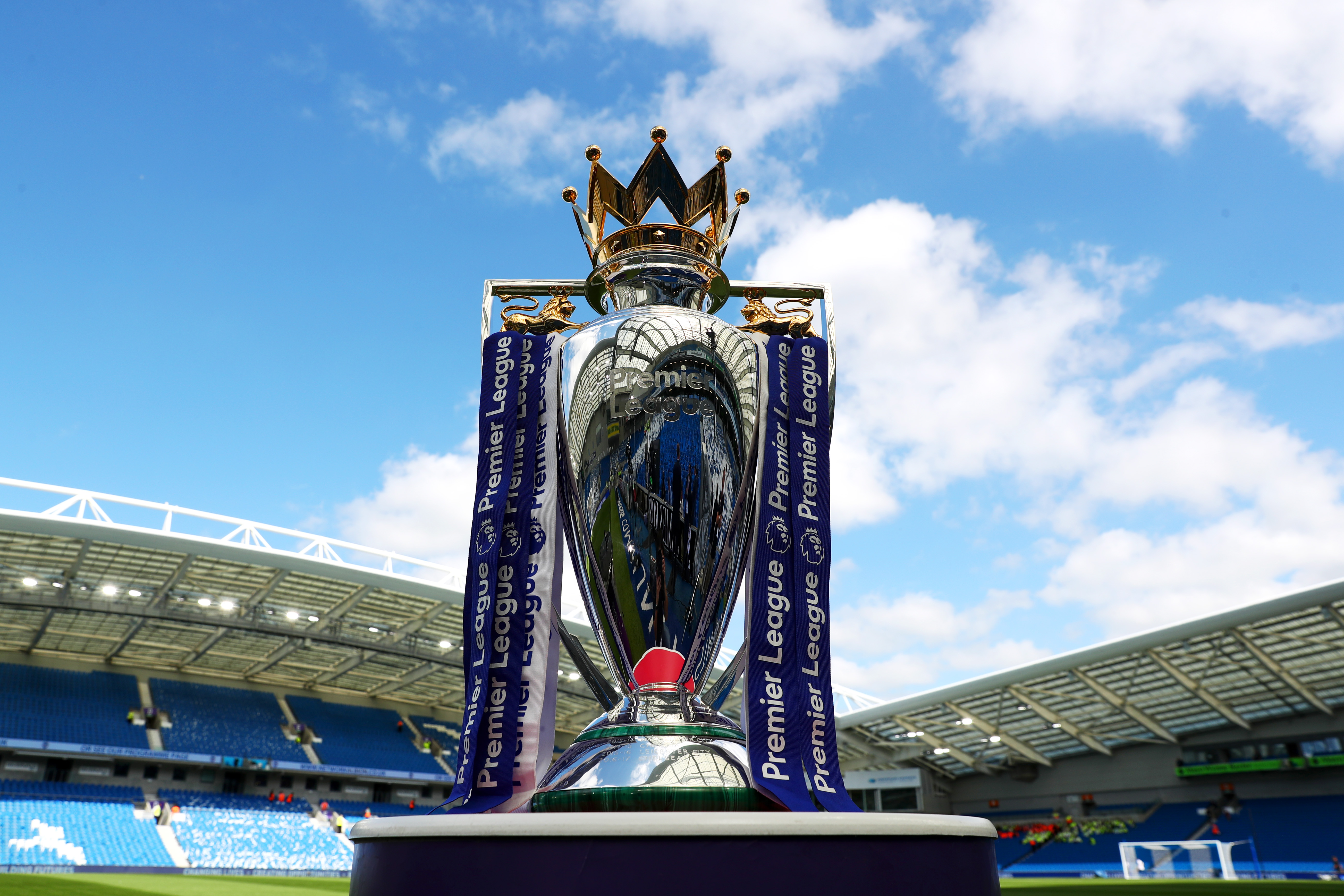 BRIGHTON, ENGLAND - AUGUST 12:  The Premier League trophy is displayed inside the stadium before the Premier League match between Brighton and Hove Albion and Manchester City at Amex Stadium on August 12, 2017 in Brighton, England.  (Photo by Dan Istitene/Getty Images)