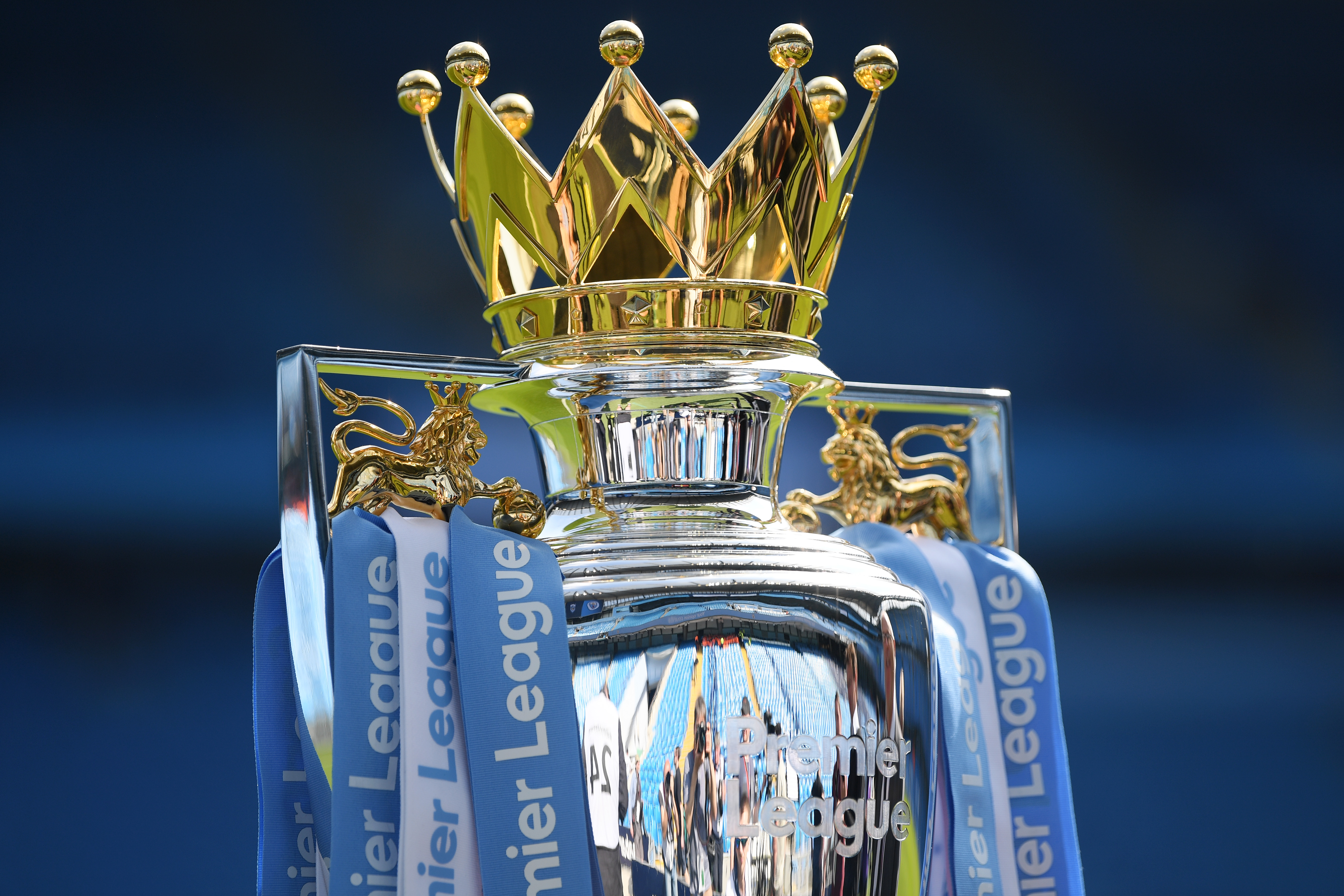 MANCHESTER, ENGLAND - MAY 06:  The Premier League Trophy on display prior to the Premier League match between Manchester City and Huddersfield Town at Etihad Stadium on May 6, 2018 in Manchester, England.  (Photo by Shaun Botterill/Getty Images)