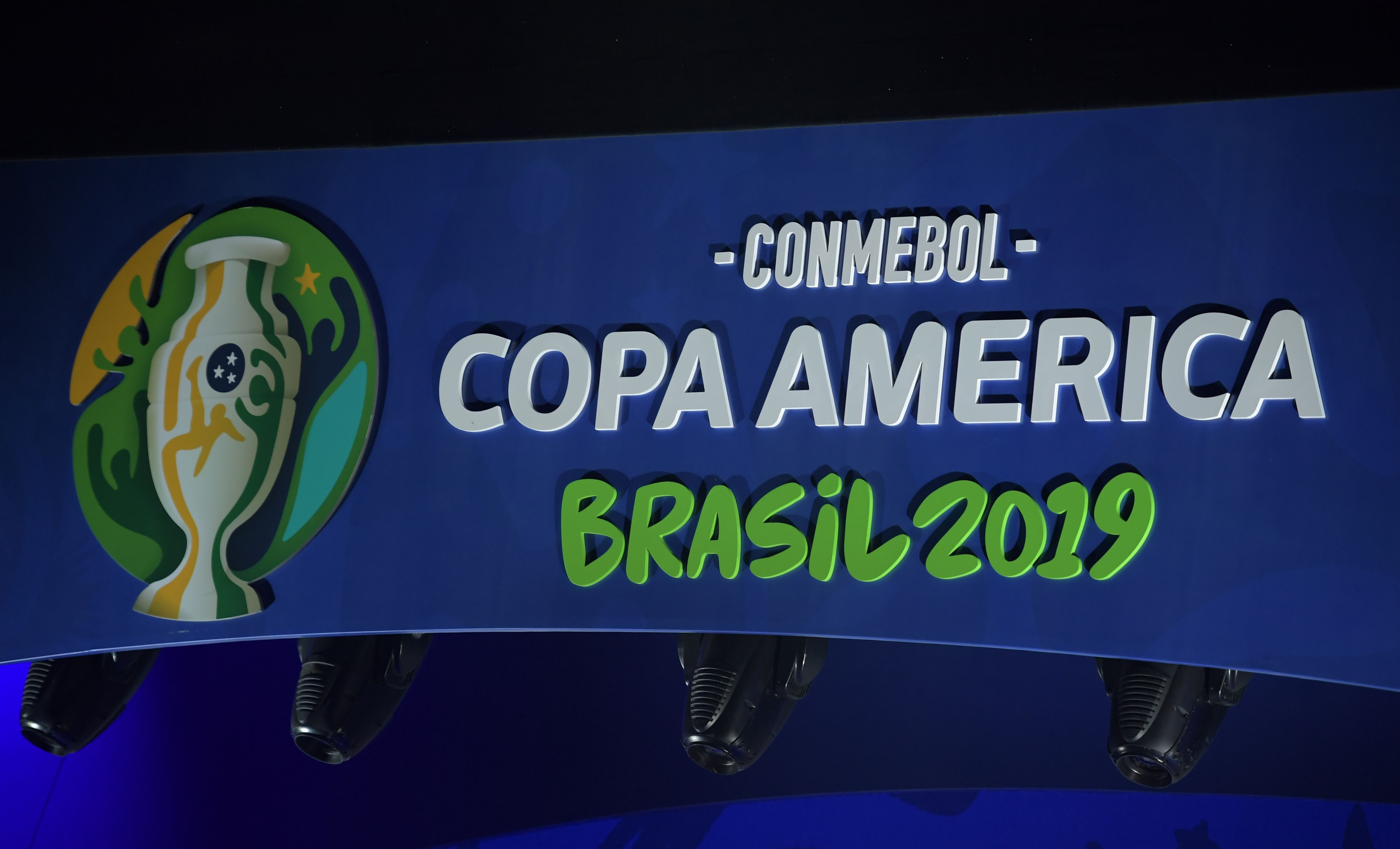 The logo of the 2019 Copa America is displayed during the draw of the football tournament in Rio de Janeiro, Brazil, on January 24, 2019. - The 2019 Copa America will be held in Brazil between June 14 and July 7. (Photo by Carl DE SOUZA / AFP)        (Photo credit should read CARL DE SOUZA/AFP/Getty Images)