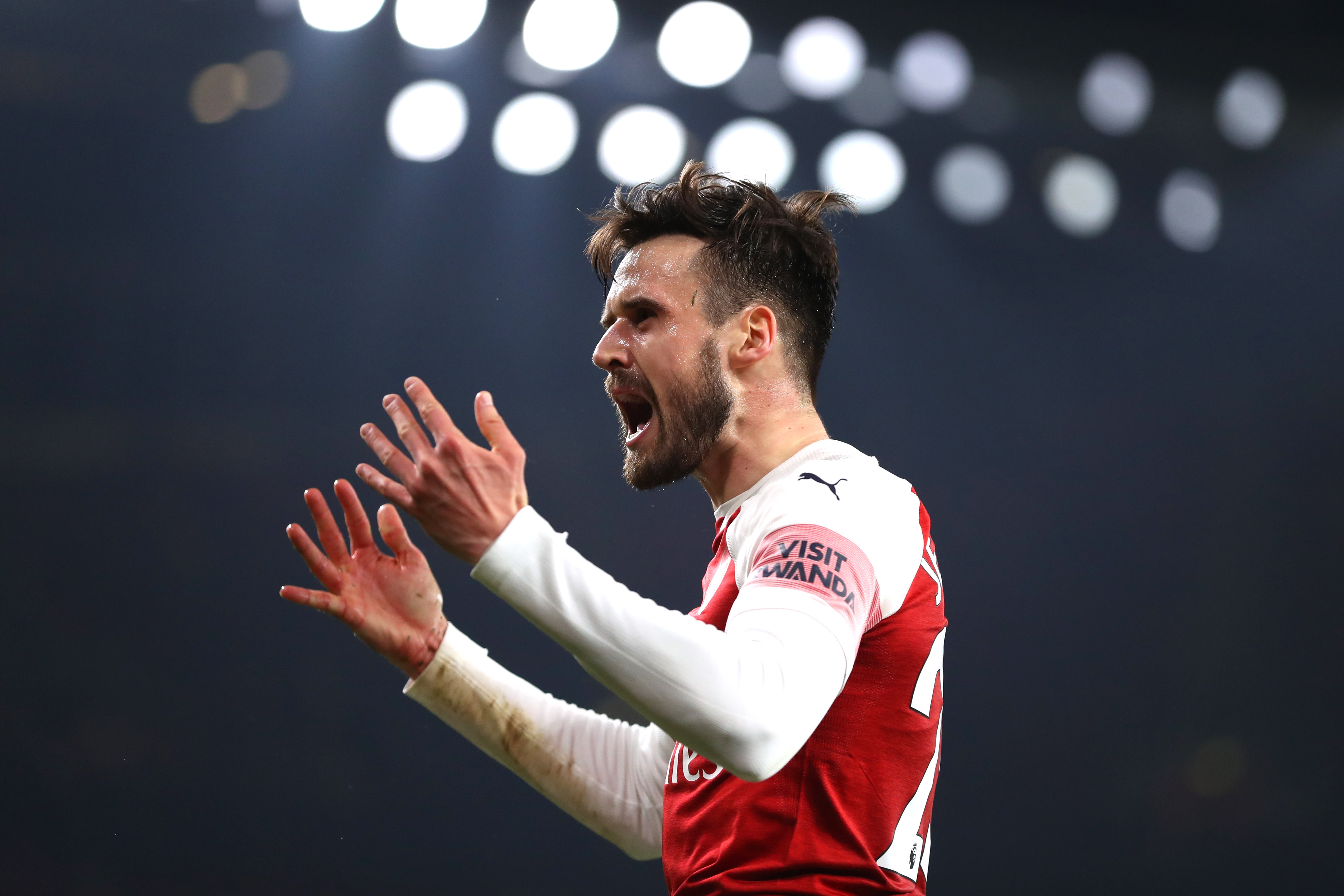 LONDON, ENGLAND - FEBRUARY 27: Carl Jenkinson of Arsenal reacts during the Premier League match between Arsenal FC and AFC Bournemouth at Emirates Stadium on February 27, 2019 in London, United Kingdom. (Photo by Catherine Ivill/Getty Images)