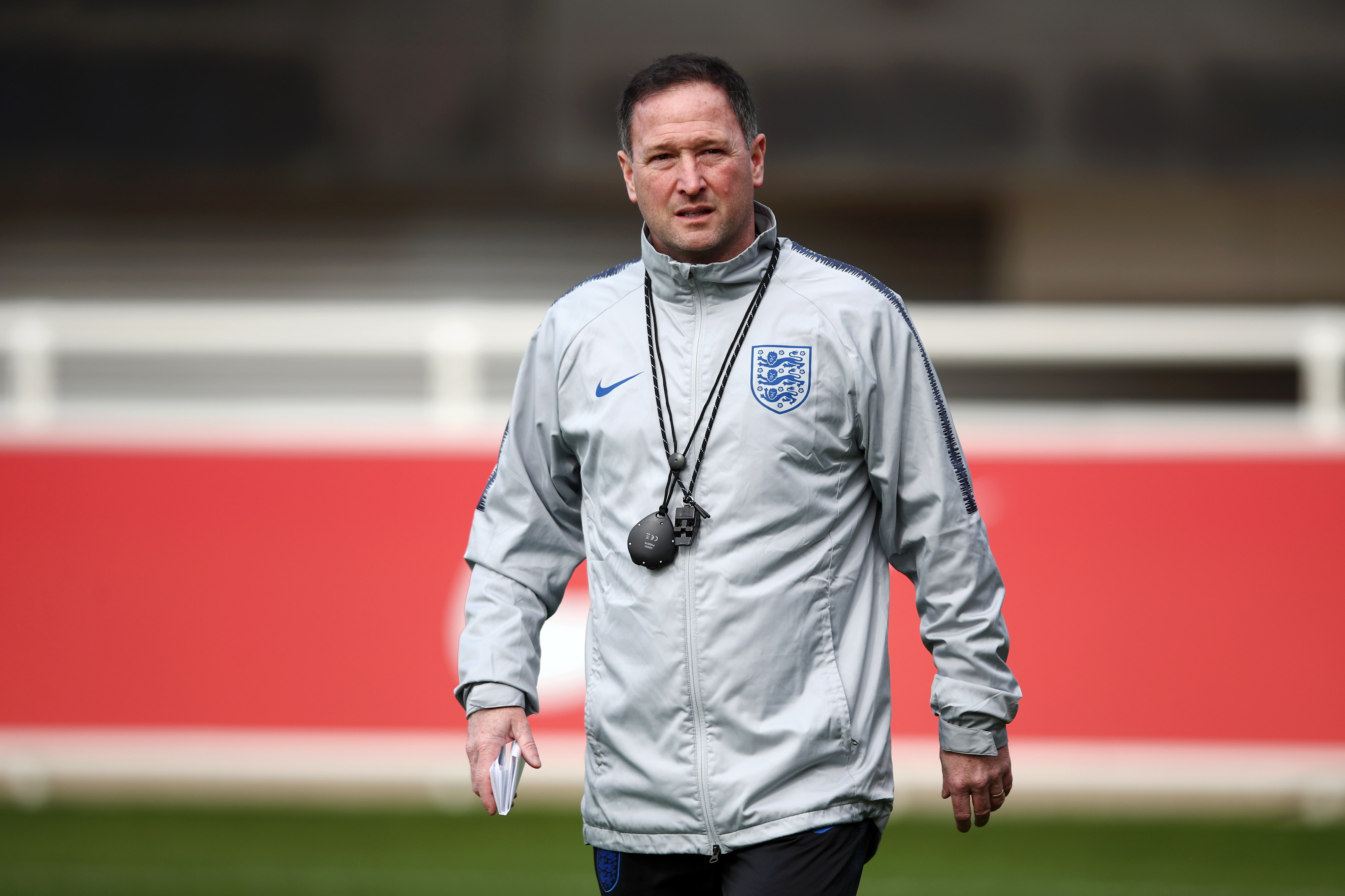 BURTON-UPON-TRENT, ENGLAND - MARCH 23: Steve Holland, Assistant Manager of England looks on during a training session ahead of their UEFA European Championship Qualification match against Montenegro at St Georges Park on March 23, 2019 in Burton-upon-Trent, England. (Photo by Marc Atkins/Getty Images)