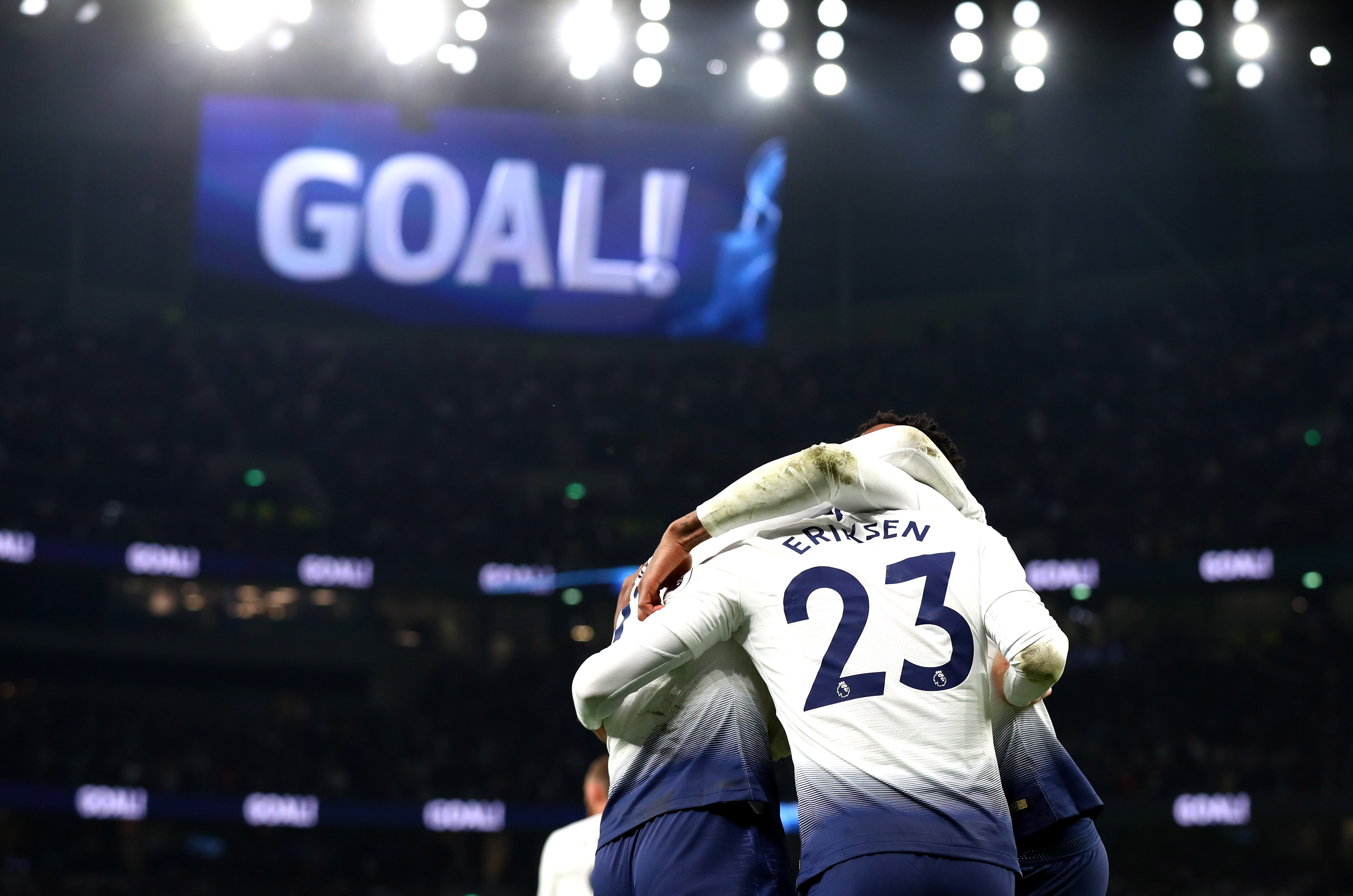 LONDON, ENGLAND - APRIL 23:  Christian Eriksen of Tottenham Hotspur celebrates with teammates after scoring his team's first goal during the Premier League match between Tottenham Hotspur and Brighton & Hove Albion at Tottenham Hotspur Stadium on April 23, 2019 in London, United Kingdom. (Photo by Clive Rose/Getty Images)