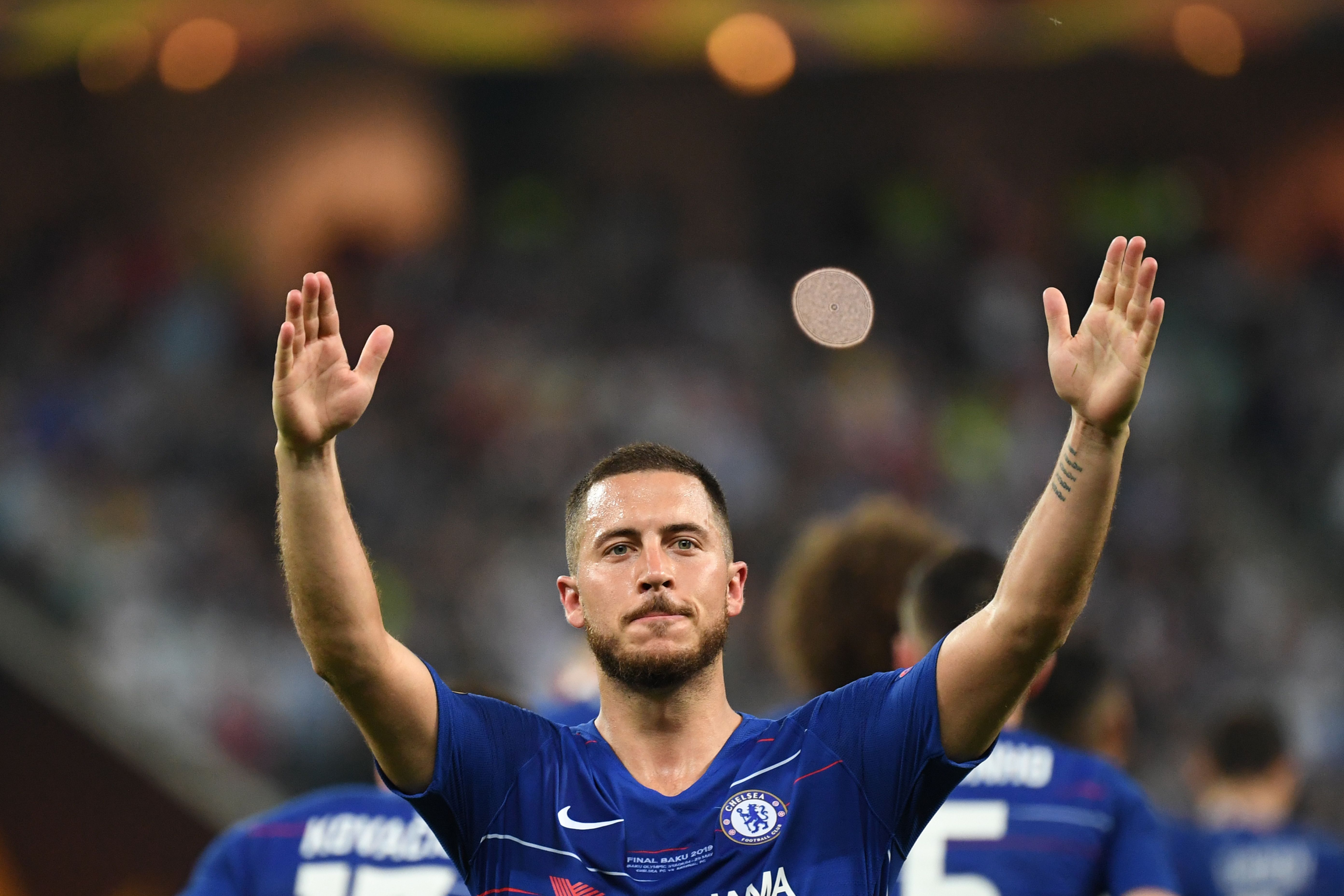 Chelsea's Belgian midfielder Eden Hazard  celebrates after celebrates after scoring a goal during the UEFA Europa League final football match between Chelsea FC and Arsenal FC at the Baku Olympic Stadium in Baku, Azerbaijian, on May 29, 2019. (Photo by OZAN KOSE / AFP)        (Photo credit should read OZAN KOSE/AFP/Getty Images)