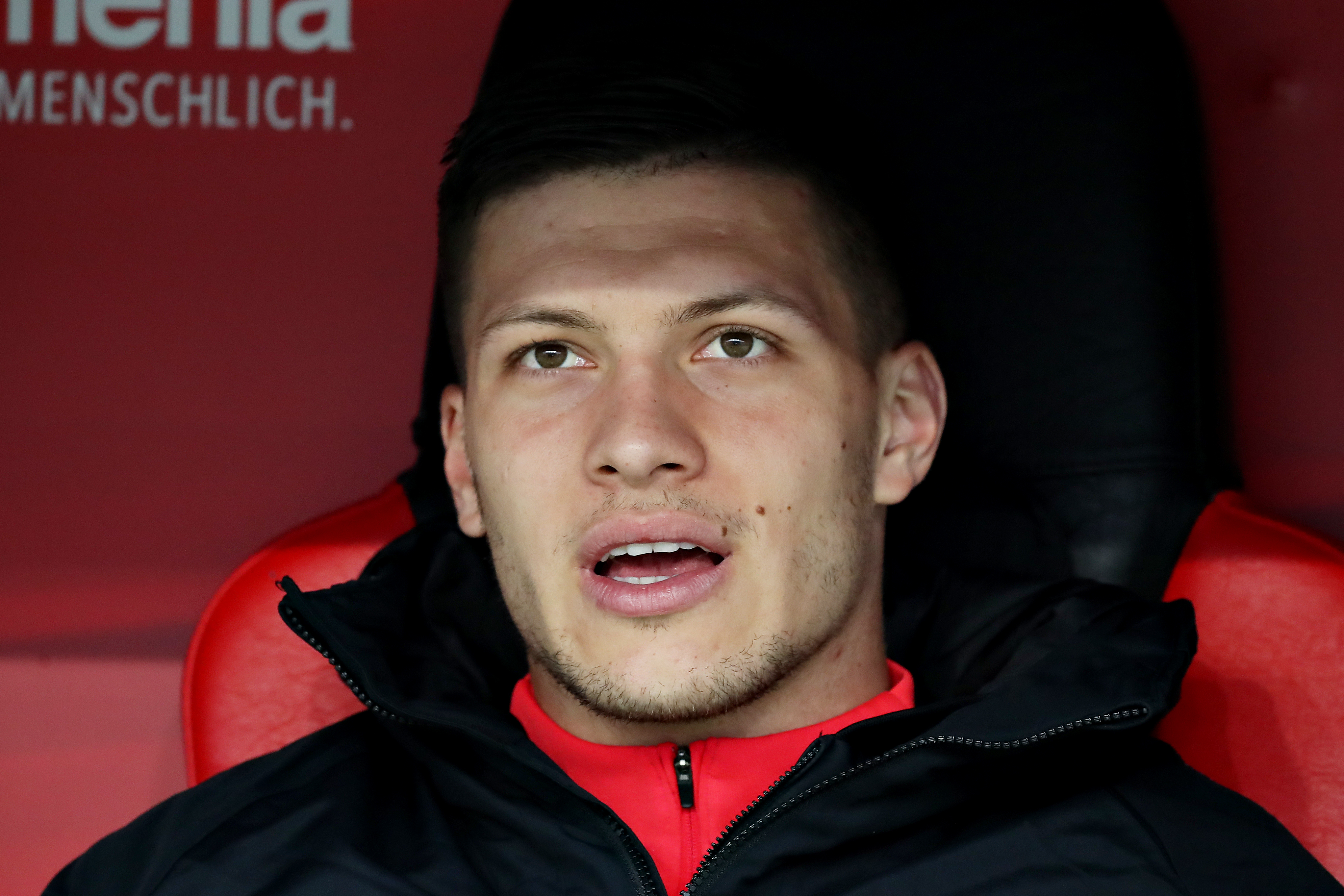 LEVERKUSEN, GERMANY - MAY 05: Luka Jovic of Eintracht Frankfurt looks on from the substitutes bench during the Bundesliga match between Bayer 04 Leverkusen and Eintracht Frankfurt at BayArena on May 05, 2019 in Leverkusen, Germany. (Photo by Christof Koepsel/Bongarts/Getty Images)