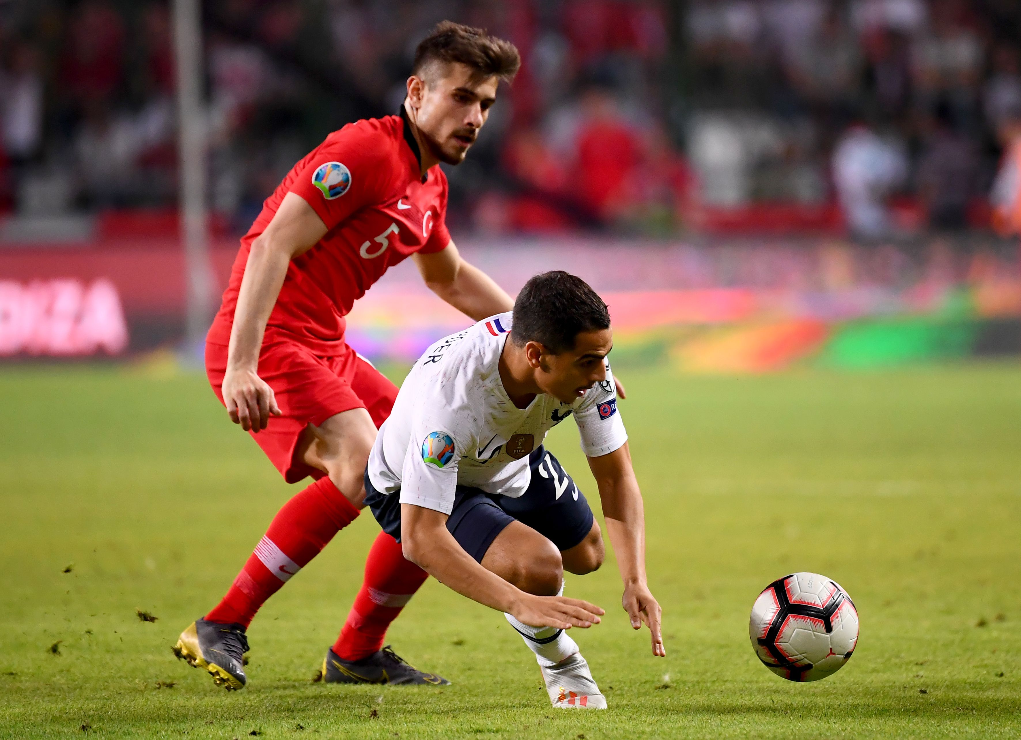 France's midfielder Wissan Ben Yedder (R) vies with Turkey's midfielder Dorukhan Tokoz during the Euro 2020 football qualification match between Turkey and France at the Buyuksehir Belediyesi stadium in Konya, on June 8, 2019. (Photo by FRANCK FIFE / AFP)        (Photo credit should read FRANCK FIFE/AFP/Getty Images)