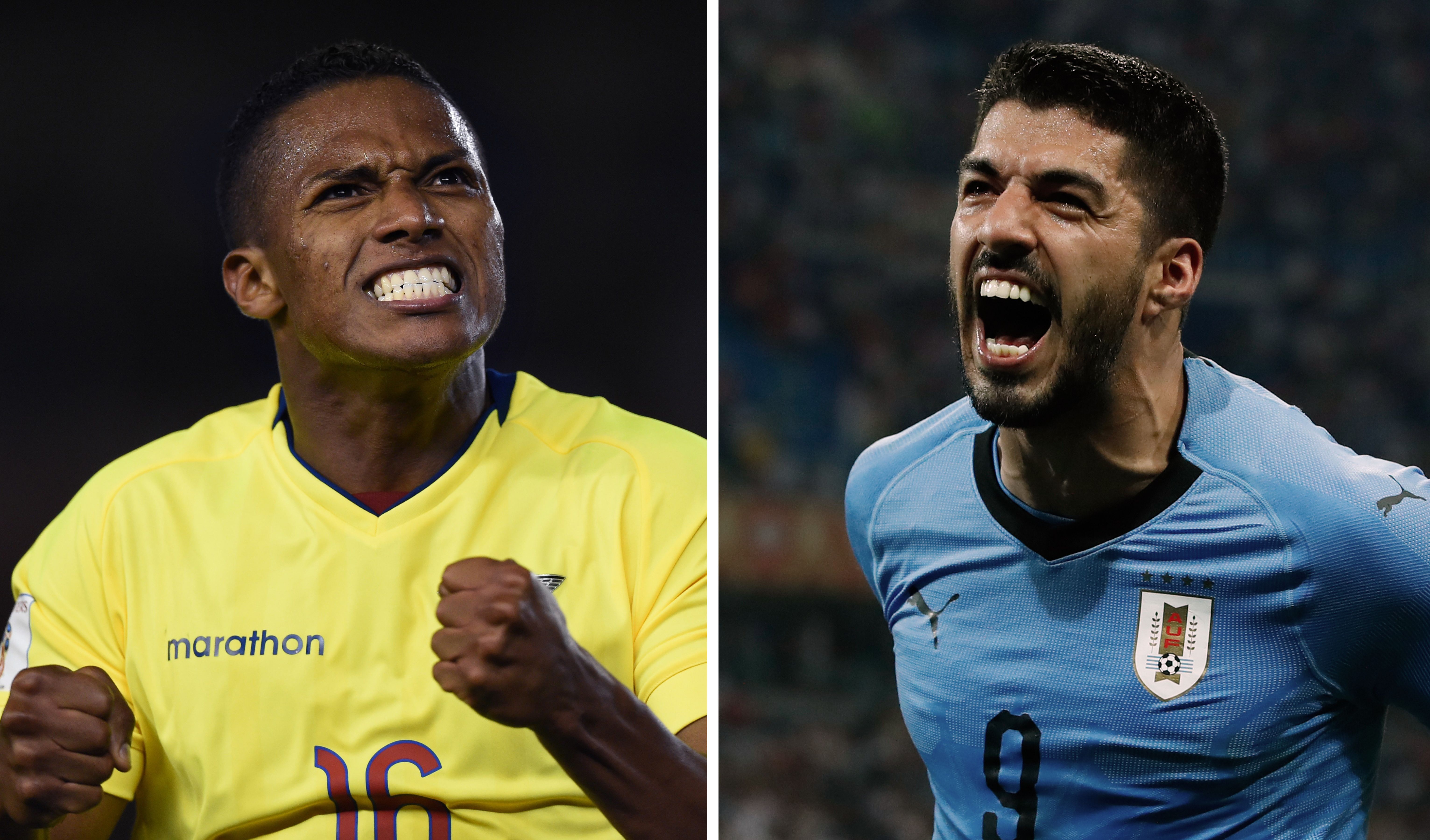 Composition made on June 15, 2019 with file pictures of Ecuador's Antonio Valencia (L) celebrating a goal against Argentina during their Russia 2018 FIFA World Cup qualifier match in Buenos Aires on October 8, 2015 and Uruguay's Luis Suarez celebrating his teams' victory over Portugal during the Russia 2018 World Cup round of 16 match in Sochi on June 30, 2018. - Uruguay and Ecuador will face in a Copa America football tournament group match at the Mineirao Stadium in Belo Horizonte, Brazil, on June 16, 2019 (Photo by Eitan ABRAMOVICH and Odd ANDERSEN / AFP)        (Photo credit should read EITAN ABRAMOVICH,ODD ANDERSEN/AFP/Getty Images)
