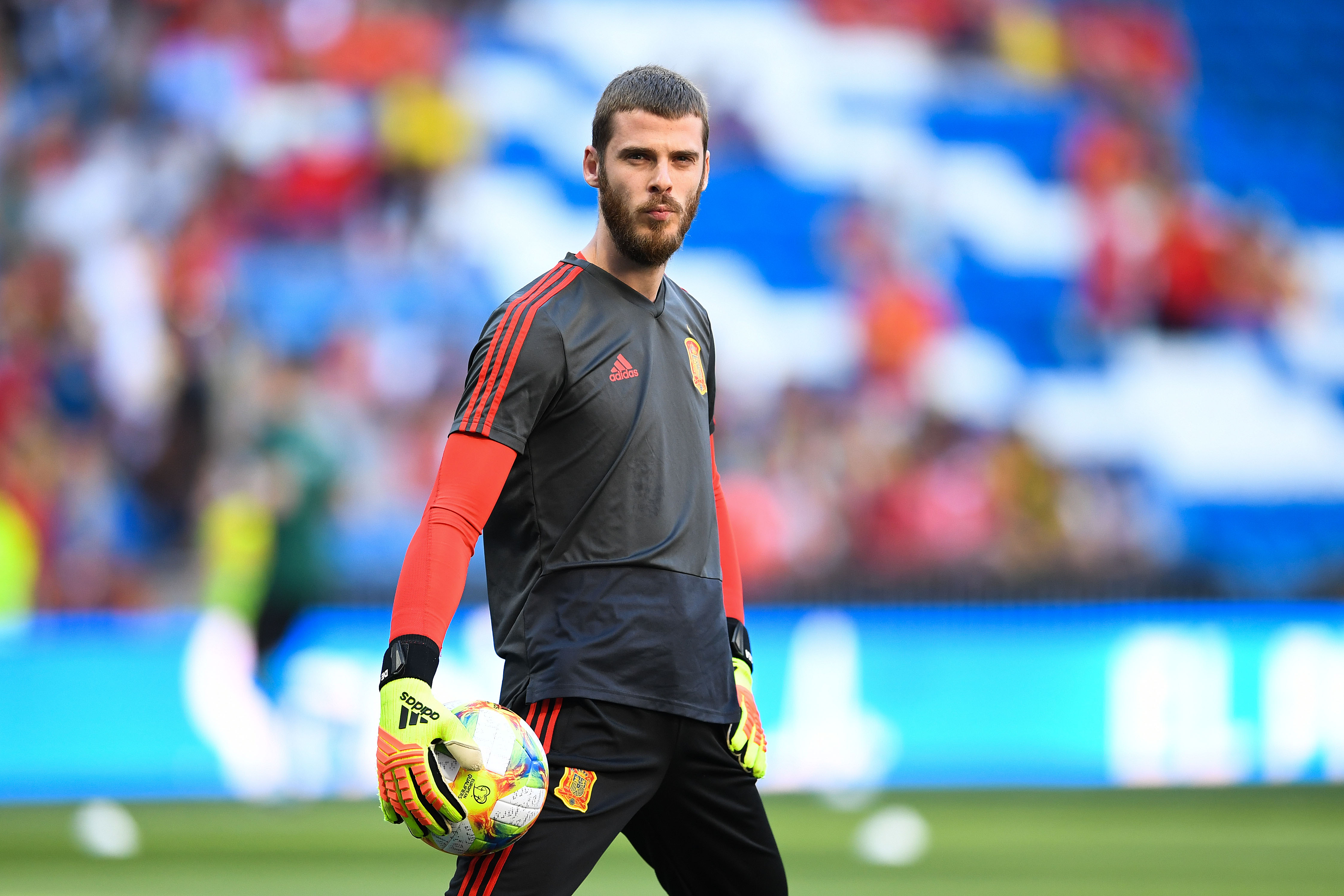 MADRID, SPAIN - JUNE 10: David de Gea of Spain looks on during the warm up prior to the UEFA Euro 2020 qualifier match between Spain and Sweden at Bernabeu on June 10, 2019 in Madrid, Spain. (Photo by David Ramos/Getty Images)