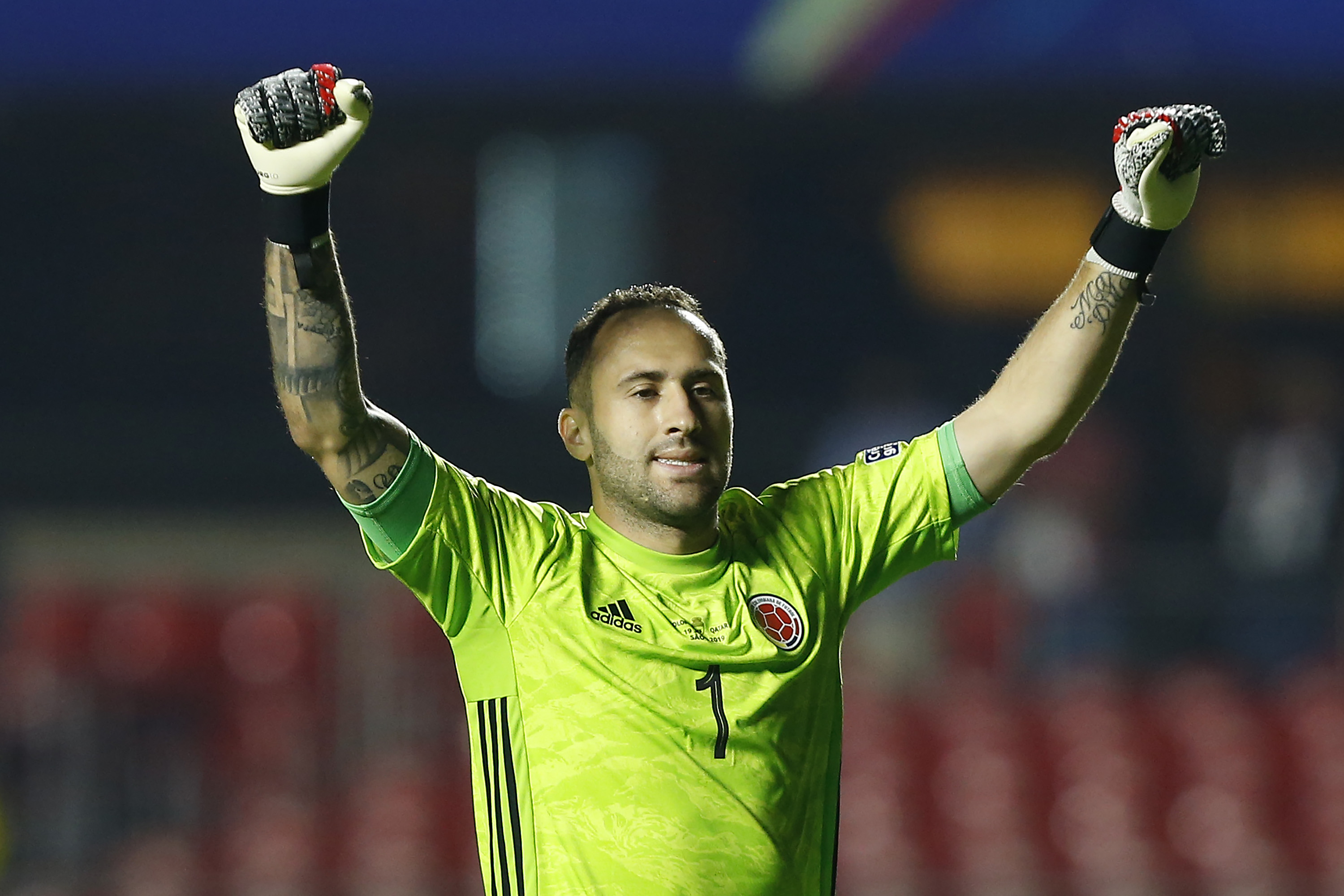 SAO PAULO, BRAZIL - JUNE 19: David Ospina of Colombia celebrates after winning during the Copa America Brazil 2019 group B match between Colombia and Qatar at Morumbi Stadium on June 19, 2019 in Sao Paulo, Brazil. (Photo by Wagner Meier/Getty Images)