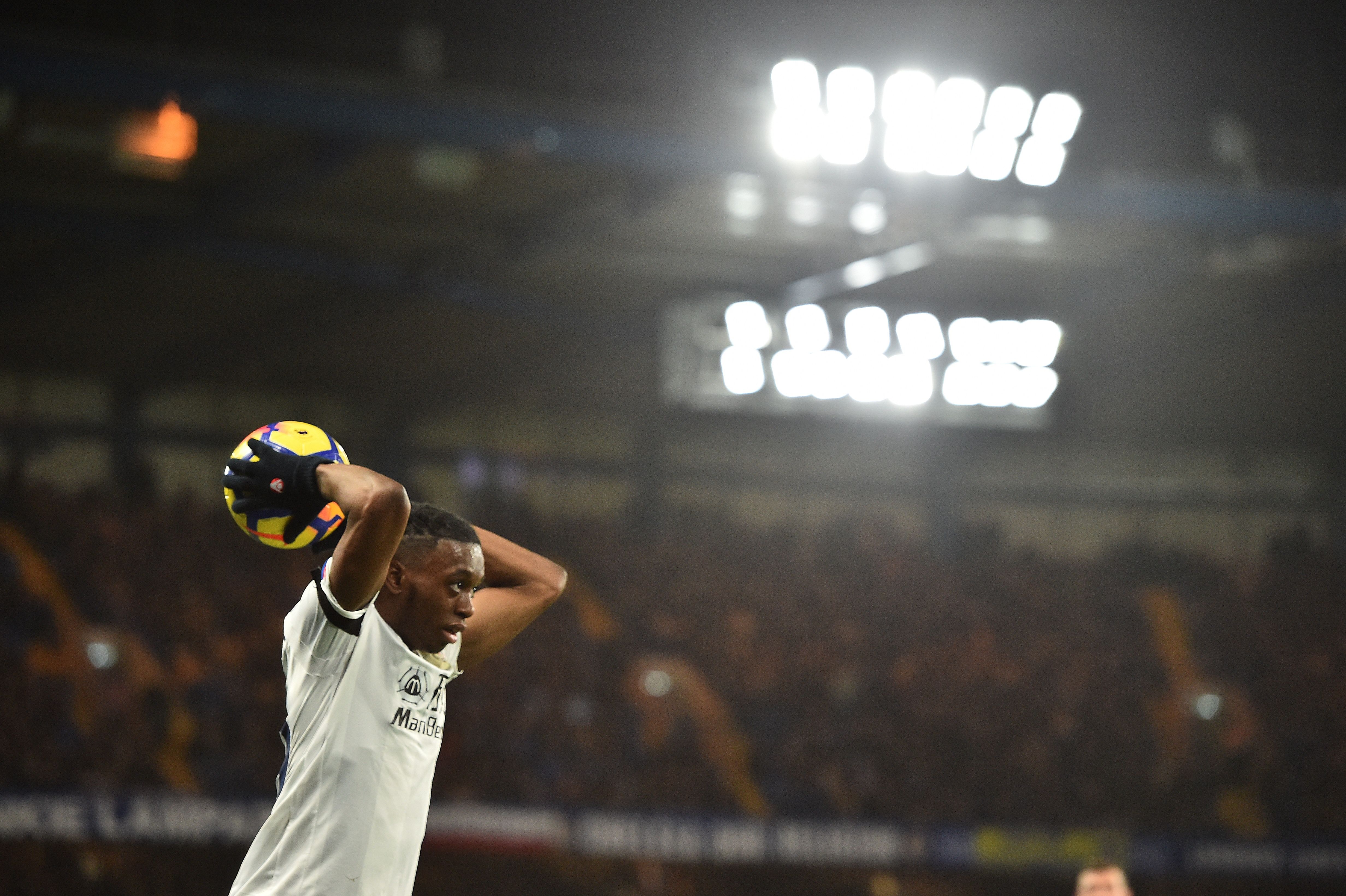 Crystal Palace's English midfielder Aaron Wan-Bissaka takes a throw-in during the English Premier League football match between Chelsea and Crystal Palace at Stamford Bridge in London on March 10, 2018. / AFP PHOTO / Glyn KIRK / RESTRICTED TO EDITORIAL USE. No use with unauthorized audio, video, data, fixture lists, club/league logos or 'live' services. Online in-match use limited to 75 images, no video emulation. No use in betting, games or single club/league/player publications.  /         (Photo credit should read GLYN KIRK/AFP/Getty Images)