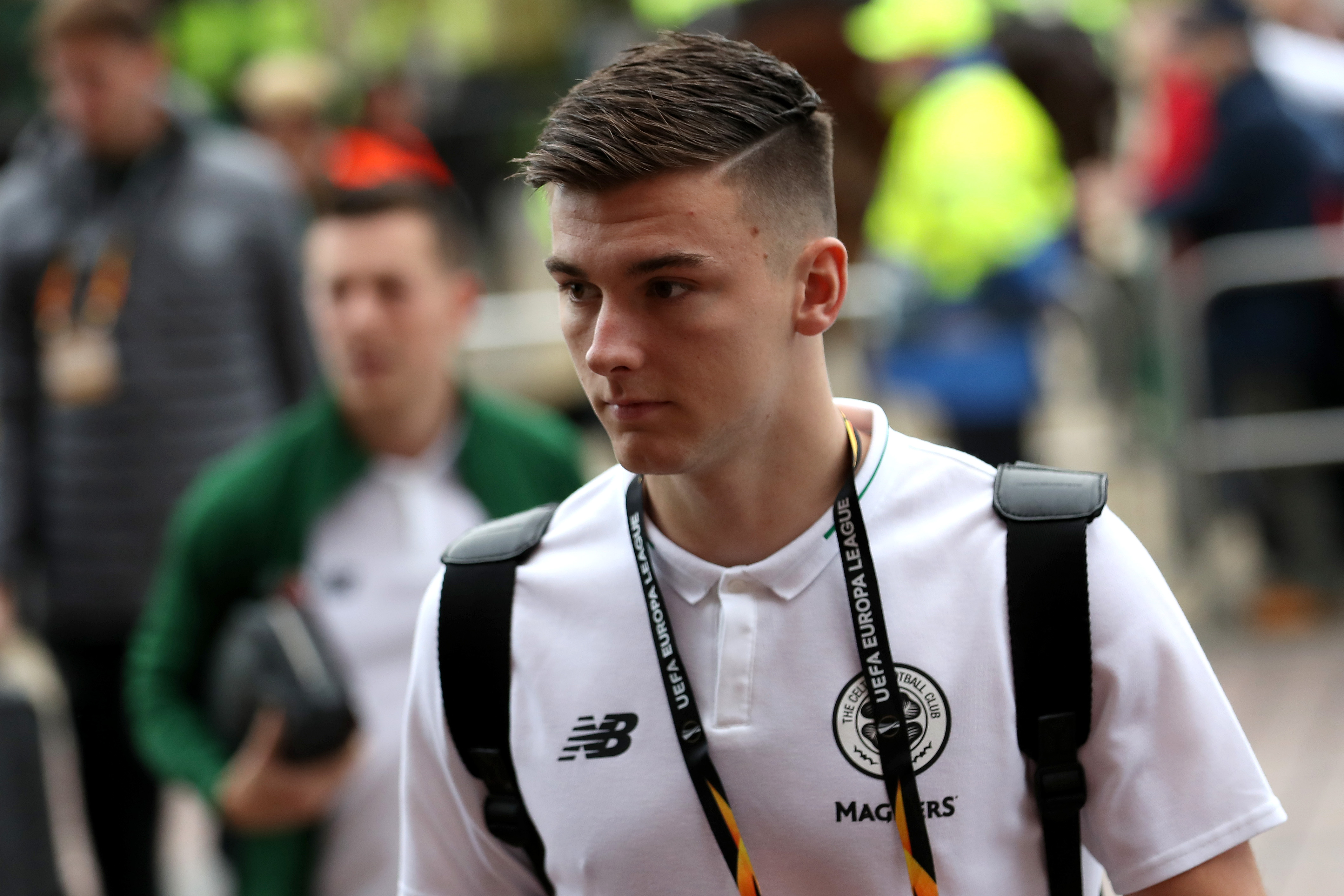 GLASGOW, SCOTLAND - SEPTEMBER 20: Kieran Tierney of Celtic arrives at the stadium prior to the UEFA Europa League Group B match between Celtic and Rosenborg at Celtic Park on September 20, 2018 in Glasgow, United Kingdom.  (Photo by Ian MacNicol/Getty Images)