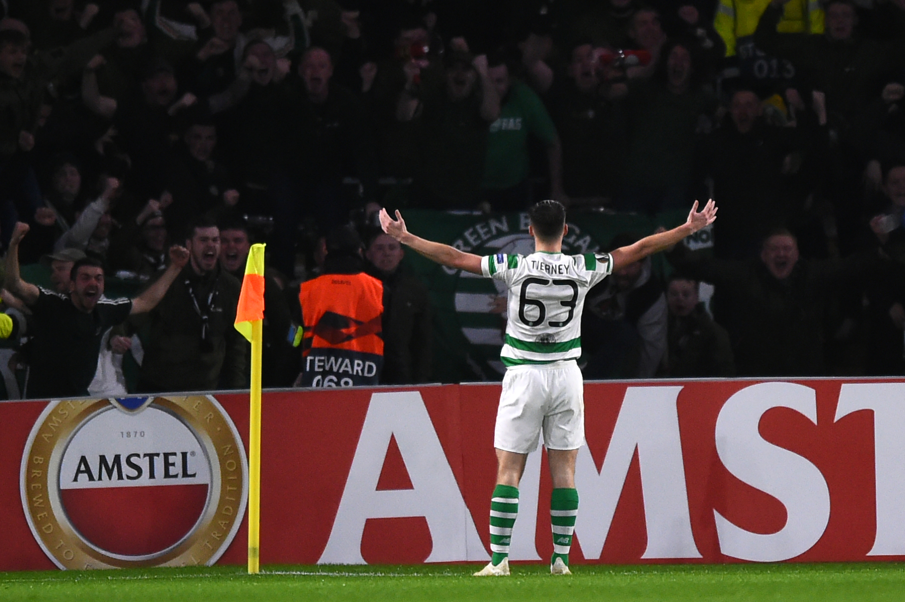 Celtic's Scottish defender Kieran Tierney celebrates after scoring during a UEFA Europa league group stage football match between Celtic and Liepzig at Celtic Park stadium in Glasgow, Scotland on November 8, 2018. (Photo by ANDY BUCHANAN / AFP)        (Photo credit should read ANDY BUCHANAN/AFP/Getty Images)