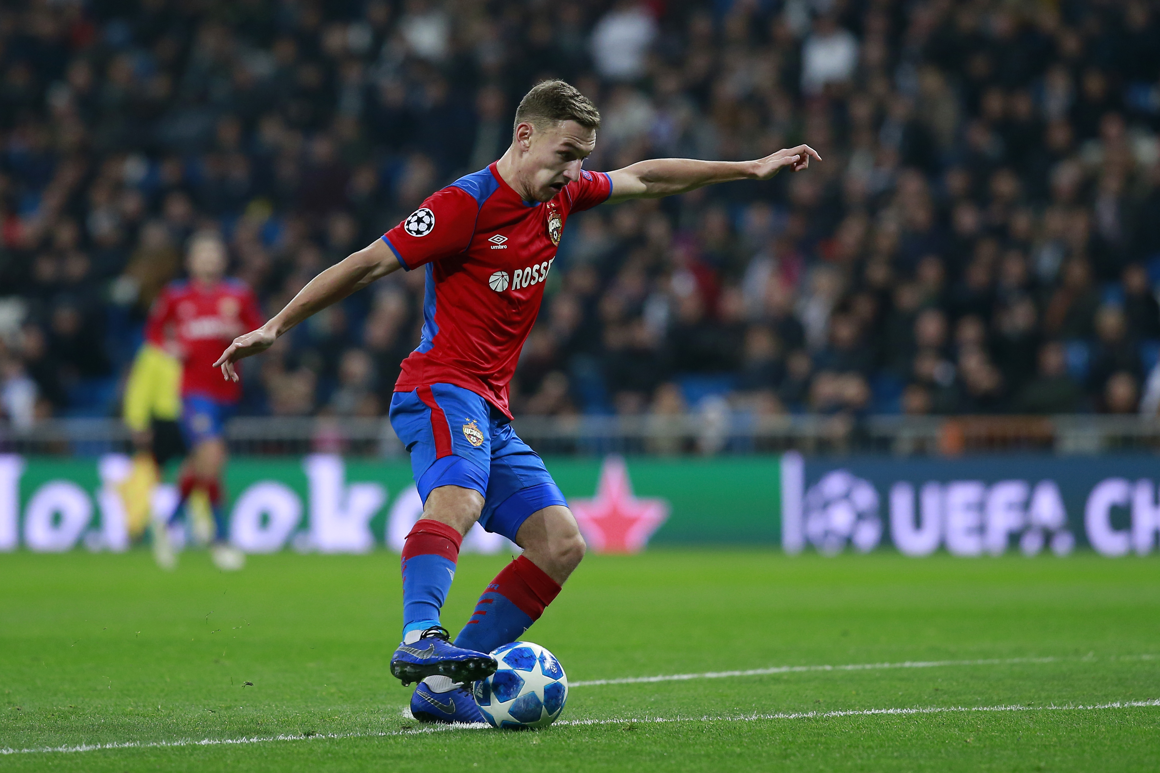 MADRID, SPAIN - DECEMBER 12:  Fyodor Chalov of CSK Moscow scores his team's first goal during the UEFA Champions League Group G match between Real Madrid  and CSKA Moscow at Bernabeu on December 12, 2018 in Madrid, Spain.  (Photo by Gonzalo Arroyo Moreno/Getty Images)
