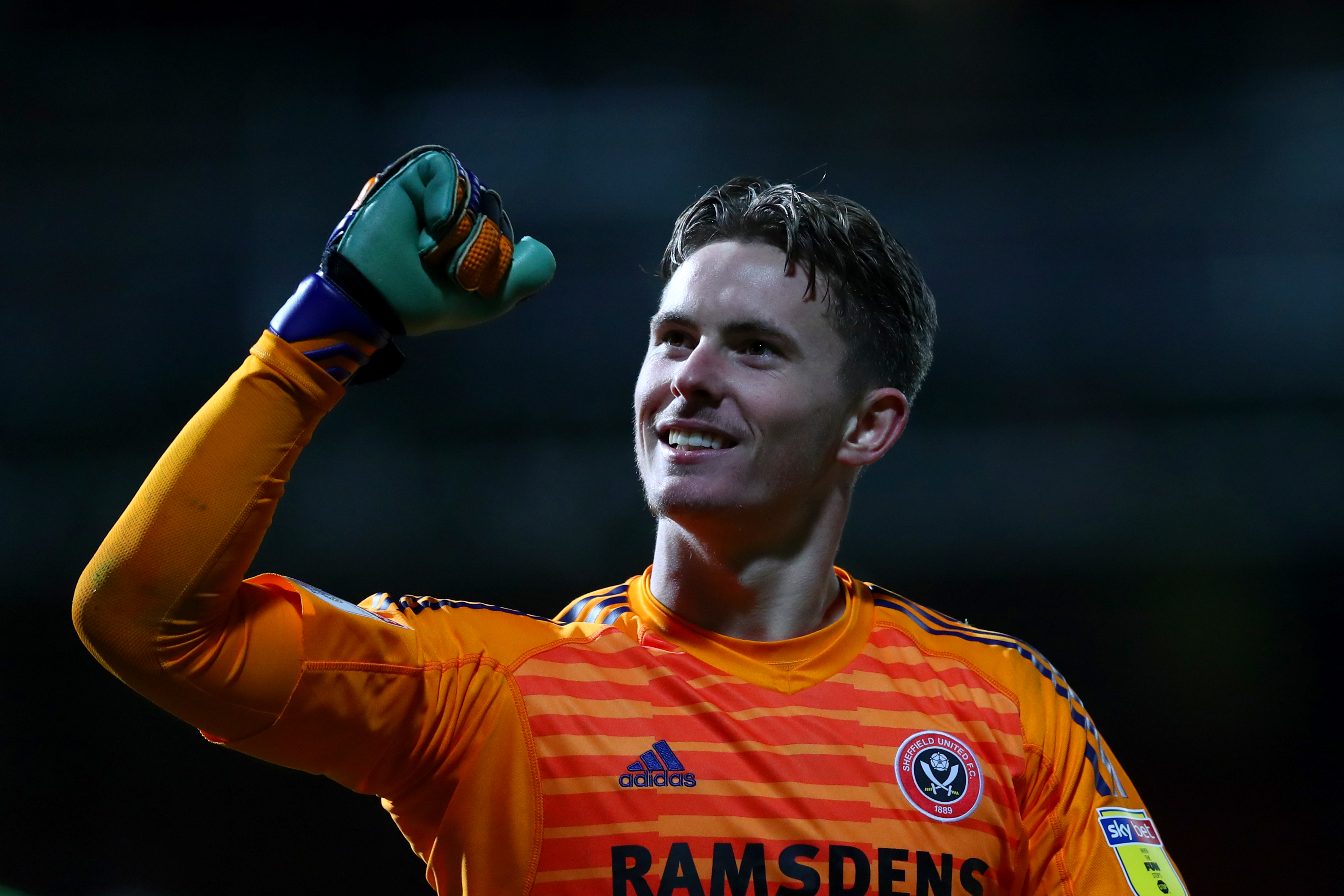 BRENTFORD, ENGLAND - NOVEMBER 27:  Dean Henderson of Sheffield United celebrates victory in front of the fans after the Sky Bet Championship match between Brentford and Sheffield United at Griffin Park on November 27, 2018 in Brentford, England. (Photo by Dan Istitene/Getty Images)