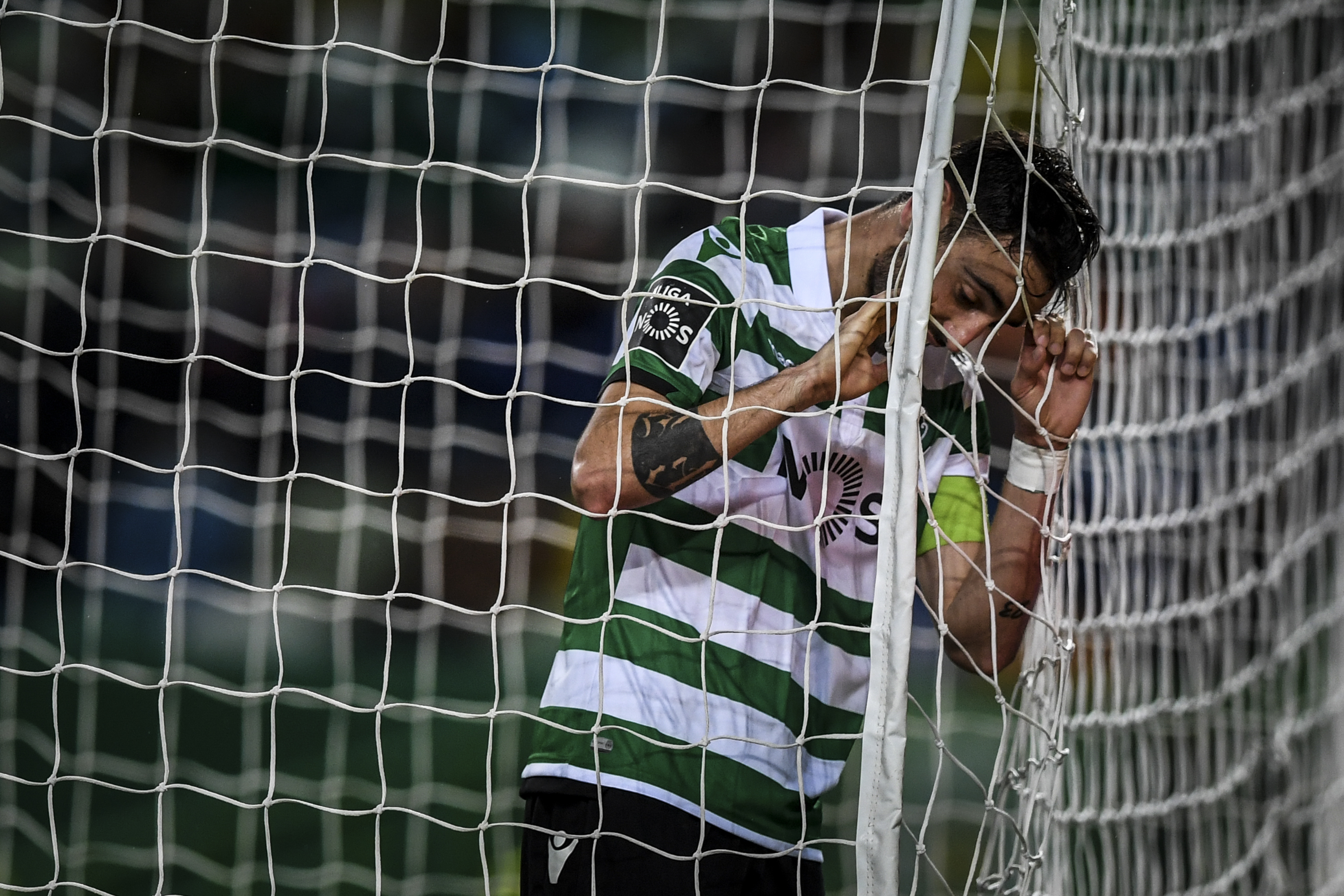 Sporting's Portuguese midfielder Bruno Fernandes reacts after missing a goal opportunity during the Portuguese league football match between Sporting CP and Portimonense SC at the Jose Alvalade stadium in Lisbon on March 3, 2019. (Photo by PATRICIA DE MELO MOREIRA / AFP)        (Photo credit should read PATRICIA DE MELO MOREIRA/AFP/Getty Images)