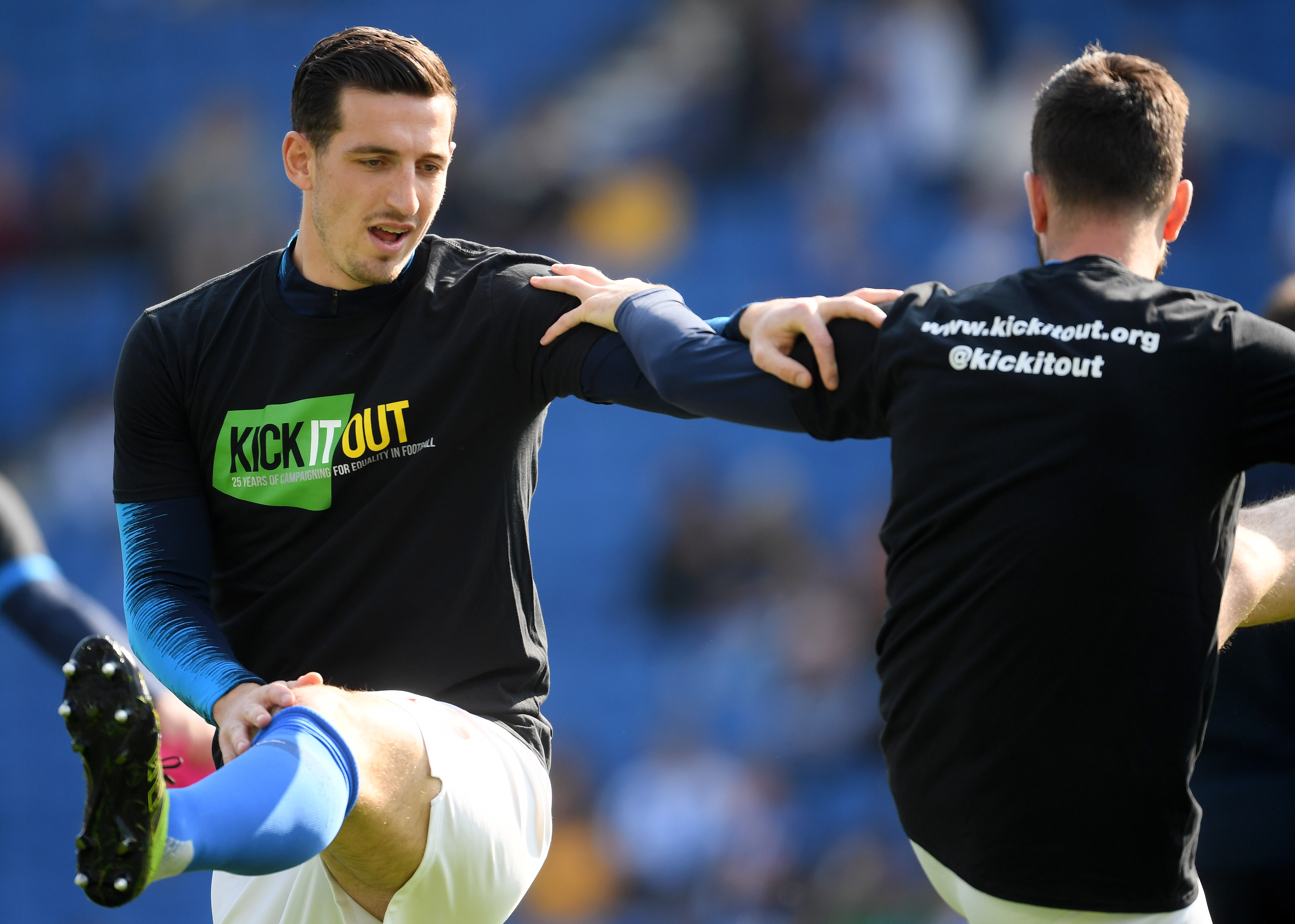 BRIGHTON, ENGLAND - MARCH 30: Lewis Dunk of Brighton and Hove Albion warms up prior to the Premier League match between Brighton & Hove Albion and Southampton FC at American Express Community Stadium on March 30, 2019 in Brighton, United Kingdom. (Photo by Mike Hewitt/Getty Images)