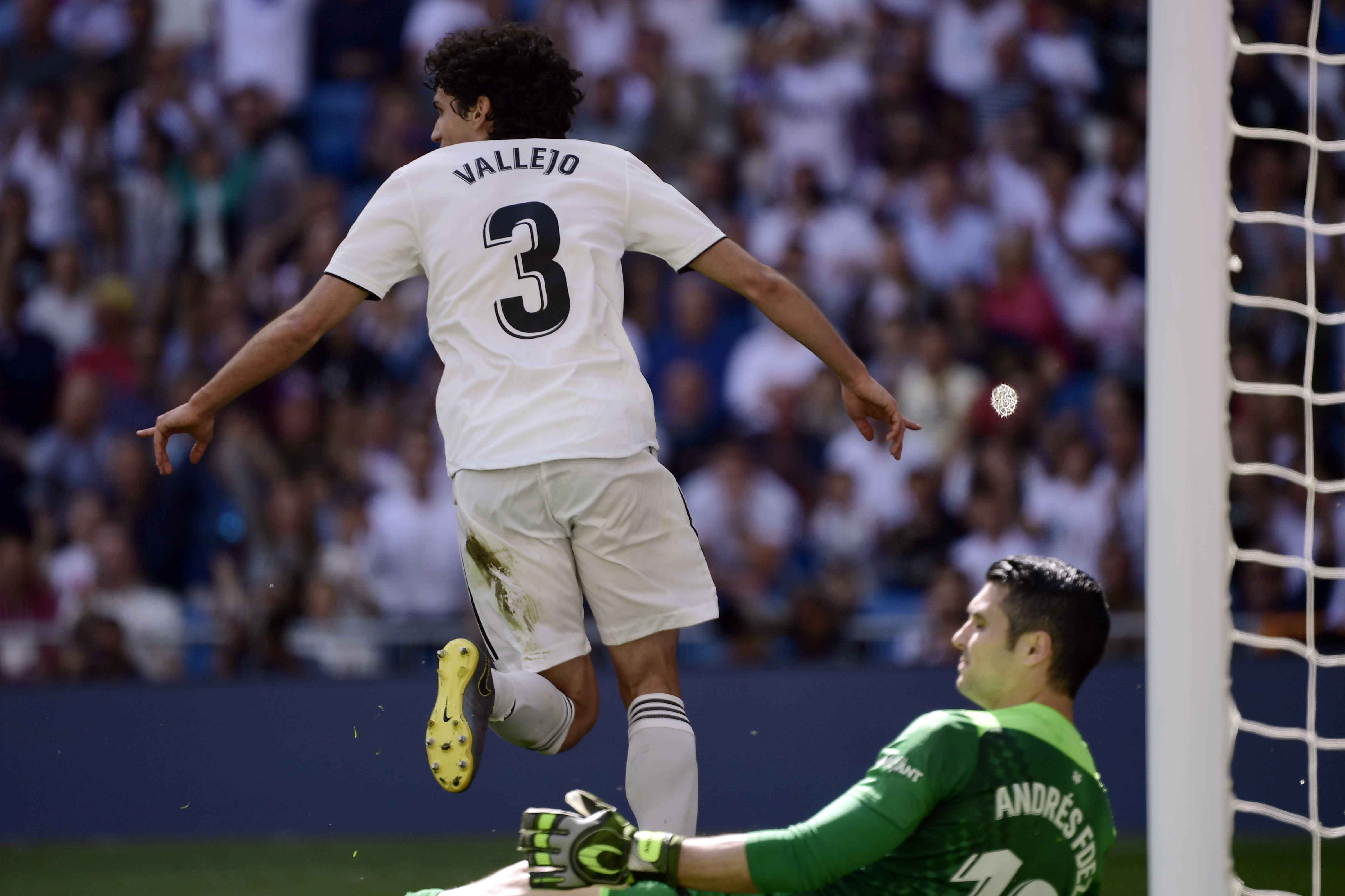 Real Madrid's Spanish defender Jesus Vallejo celebrates his goal during the Spanish league football match between Real Madrid CF and Villarreal CF at the Santiago Bernabeu stadium in Madrid on May 5, 2019. (Photo by JAVIER SORIANO / AFP)        (Photo credit should read JAVIER SORIANO/AFP/Getty Images)