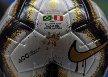 Picture of the official ball to be used in the Copa America final football match, between Brazil and Peru next July 7, taken during a press conference at Maracana stadium in Rio de Janeiro, Brazil, on July 05, 2019. (Photo by MAURO PIMENTEL / AFP)        (Photo credit should read MAURO PIMENTEL/AFP/Getty Images)