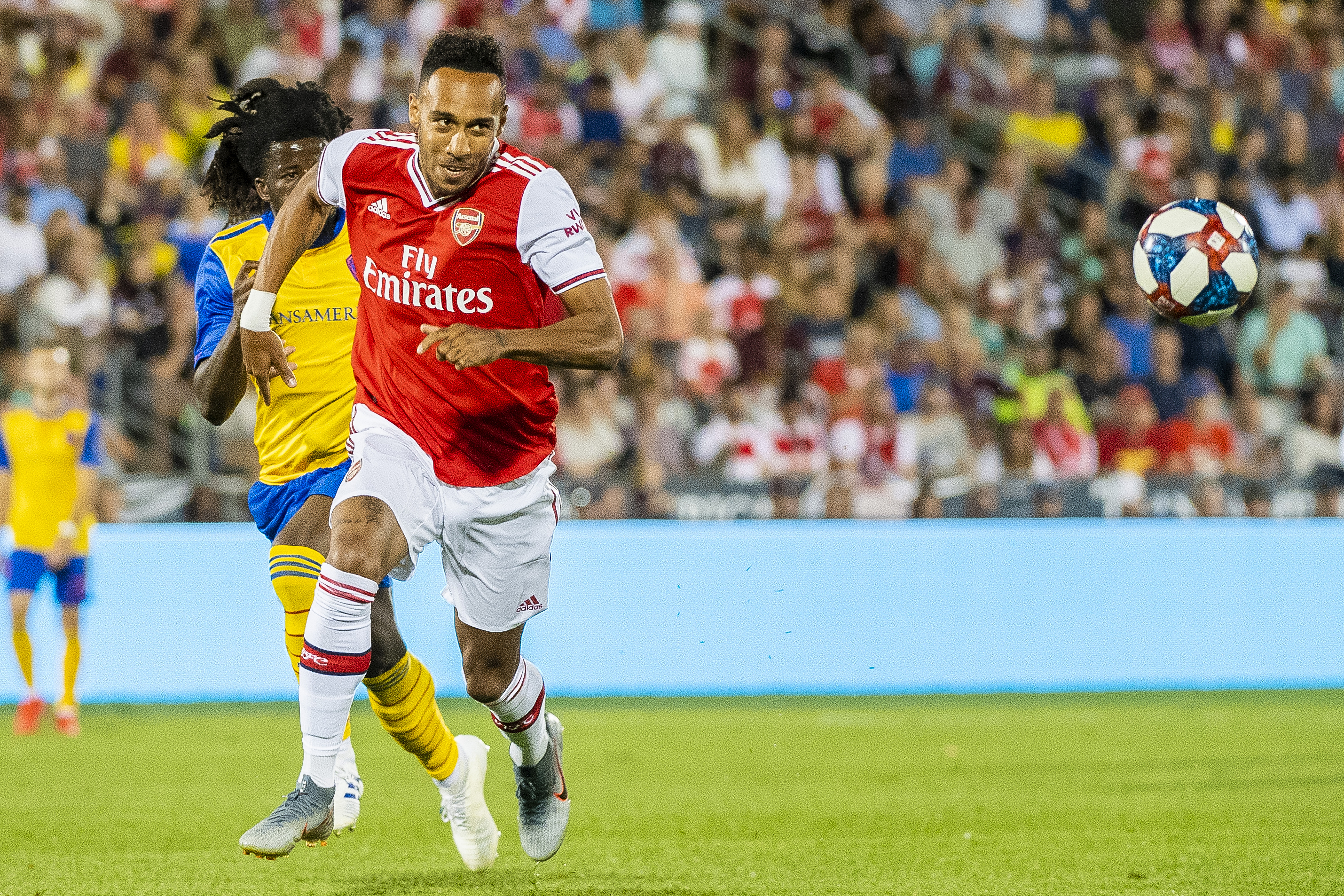 COMMERCE CITY, CO - JULY 15: Pierre-Emerick Aubameyang #14 of Arsenal chases a loose ball during the second half against the Colorado Rapids at Dick's Sporting Goods Park on July 15, 2019 in Commerce City, Colorado. (Photo by Timothy Nwachukwu/Getty Images)