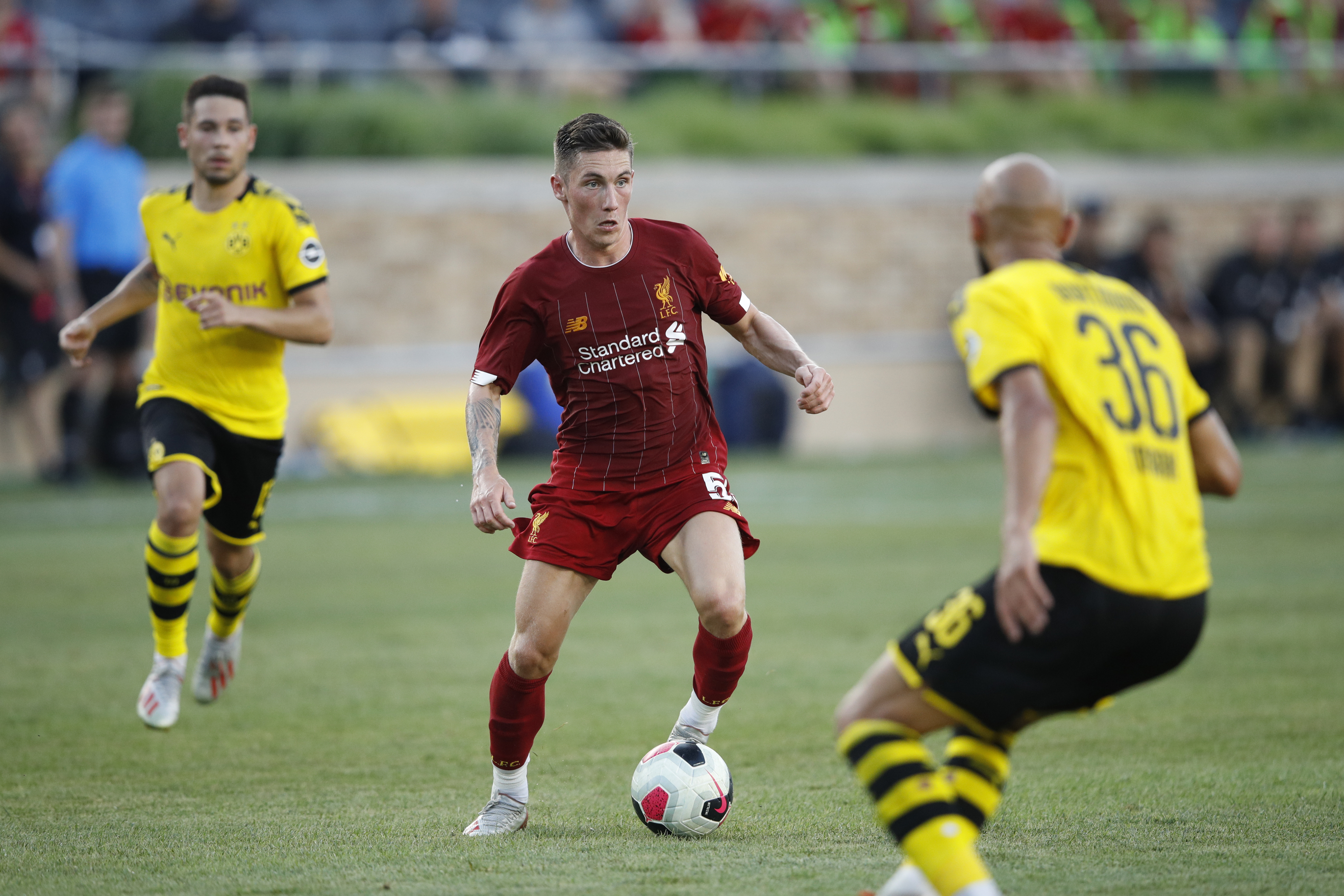 SOUTH BEND, IN - JULY 19: Harry Wilson #59 of Liverpool FC controls the ball against Borussia Dortmund in the first half of the pre-season friendly match at Notre Dame Stadium on July 19, 2019 in South Bend, Indiana. (Photo by Joe Robbins/Getty Images)