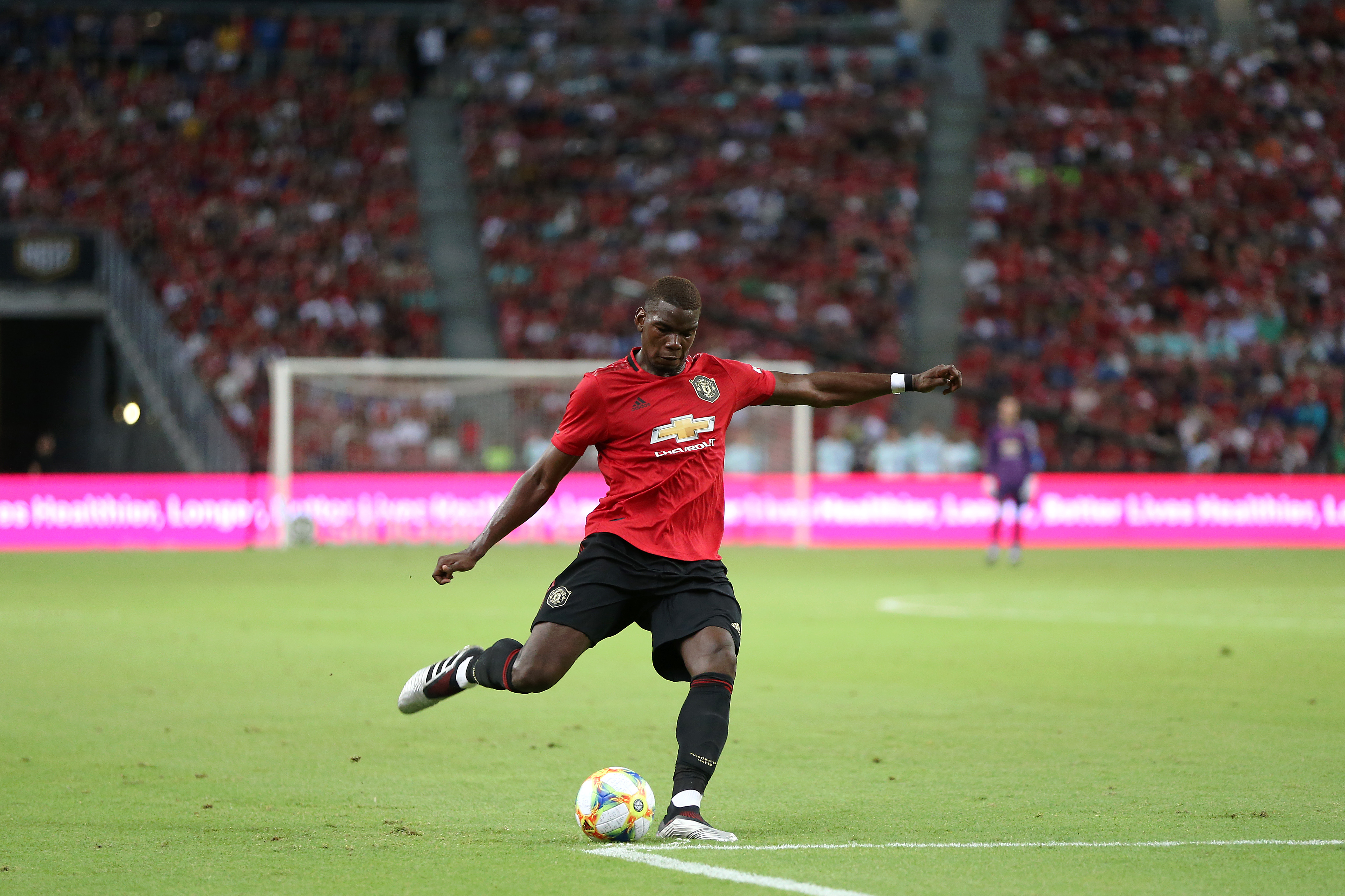 SINGAPORE, SINGAPORE - JULY 20: Paul Pogba of Manchester United in action during the 2019 International Champions Cup match between Manchester United and FC Internazionale at the Singapore National Stadium on July 20, 2019 in Singapore. (Photo by Lionel Ng/Getty Images)