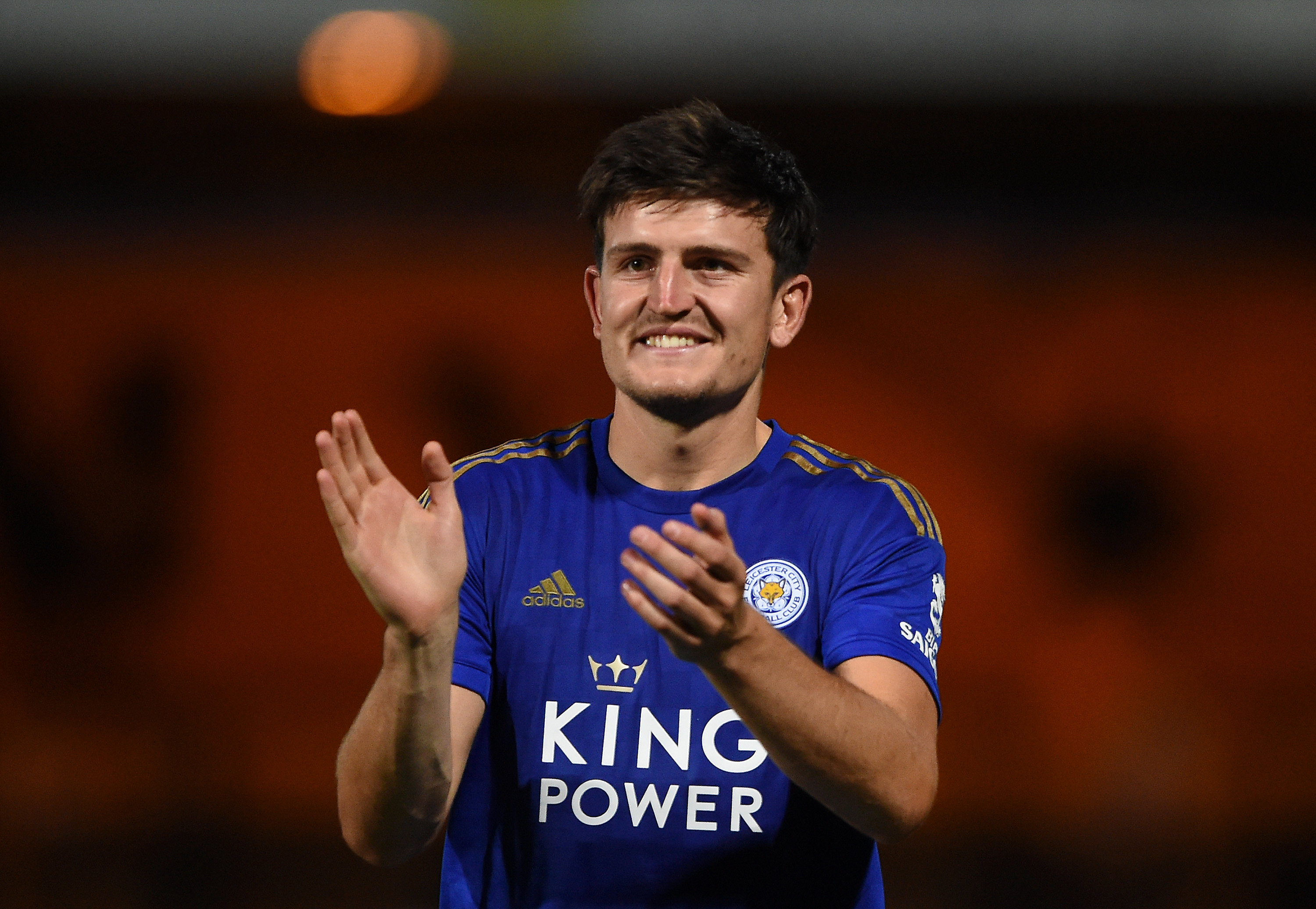 CAMBRIDGE, ENGLAND - JULY 23: Harry Maguire of Leicester City applauds fans after the Pre-Season Friendly match between Cambridge United and Leicester City at Abbey Stadium on July 23, 2019 in Cambridge, England. (Photo by Harriet Lander/Getty Images)