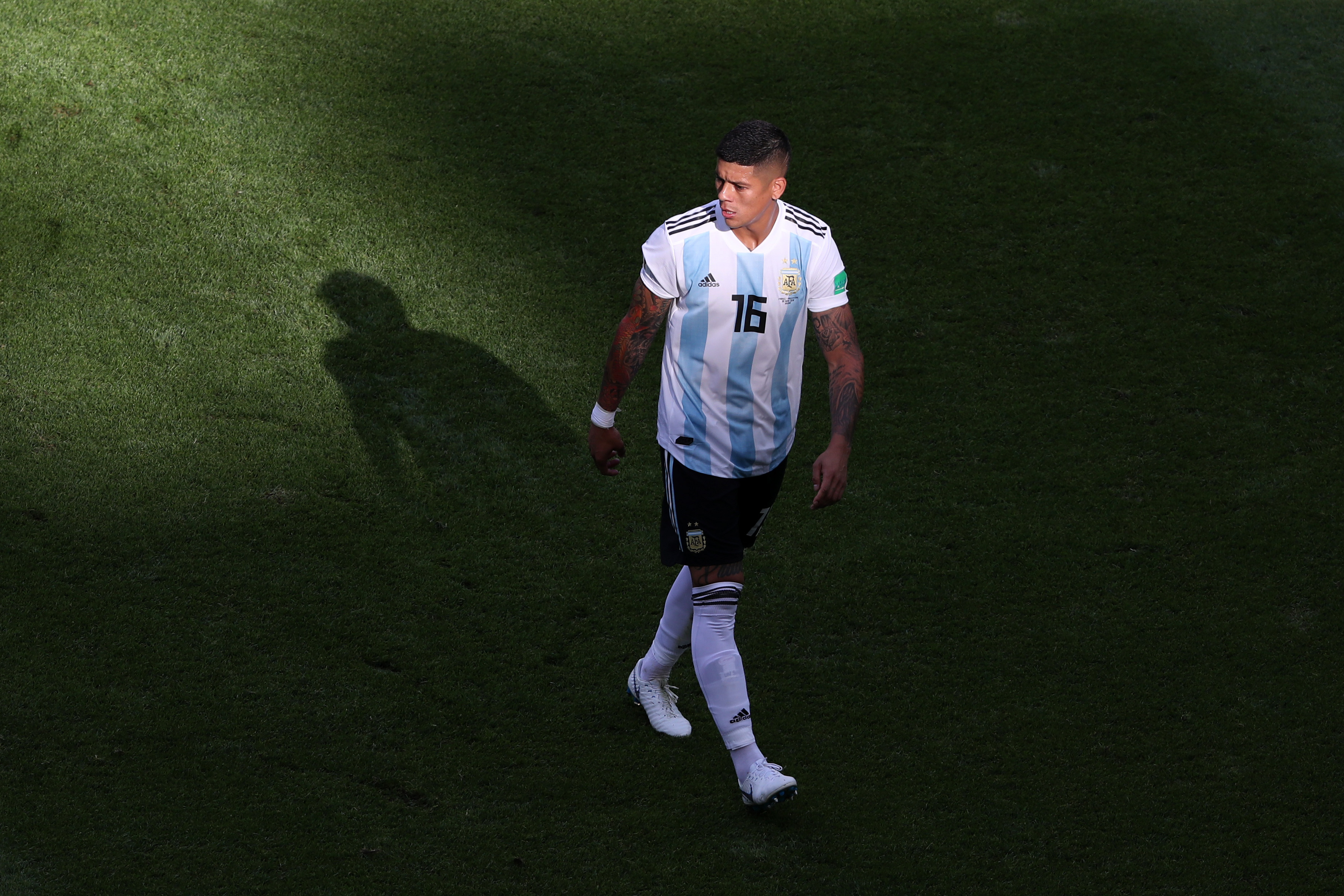 KAZAN, RUSSIA - JUNE 30:  Marcos Rojo of Argentina looks on during the 2018 FIFA World Cup Russia Round of 16 match between France and Argentina at Kazan Arena on June 30, 2018 in Kazan, Russia.  (Photo by Catherine Ivill/Getty Images)