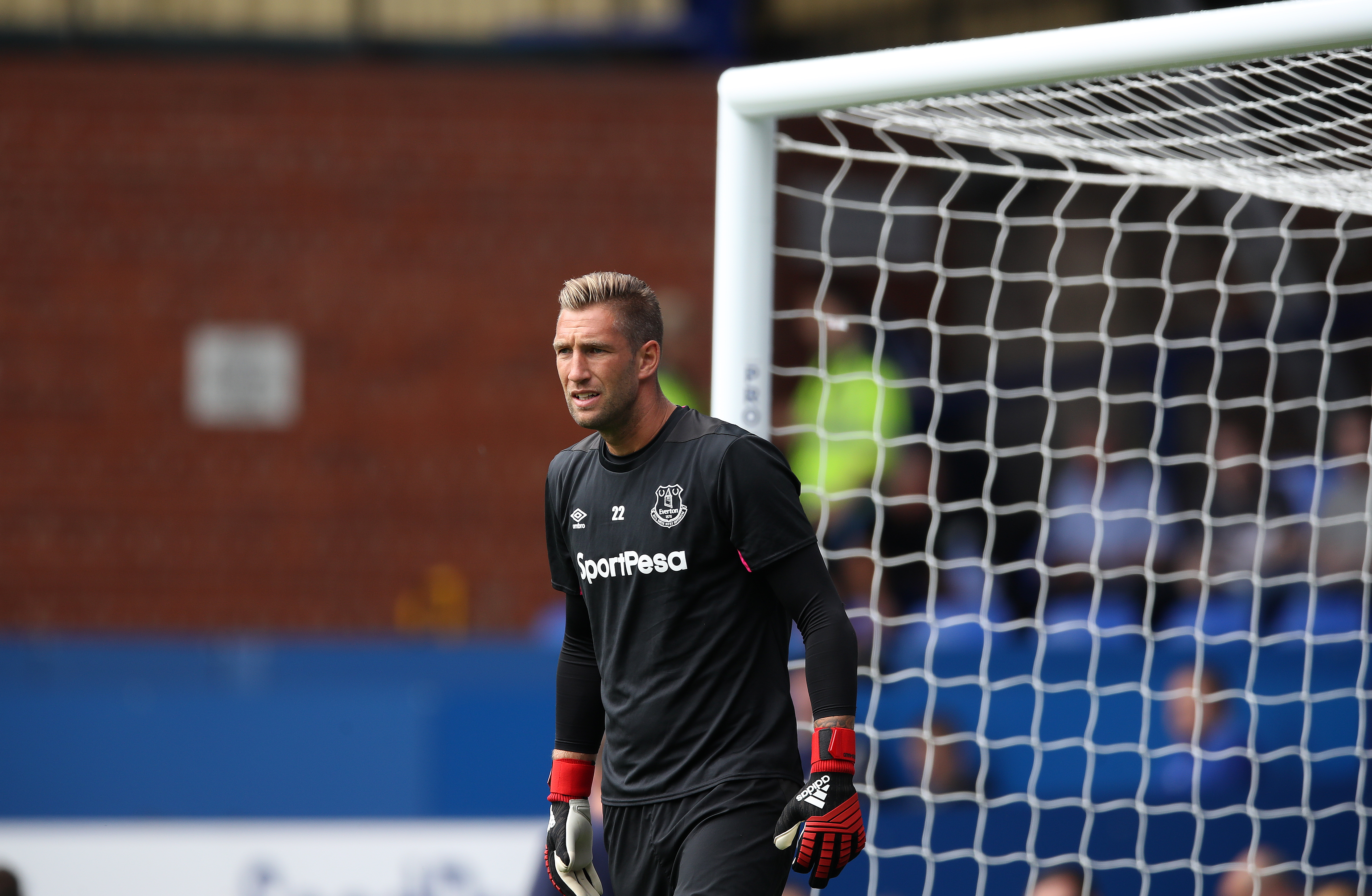 LIVERPOOL, ENGLAND - AUGUST 04: Maarten Stekelenburg of Everton gestures during the Pre-Season Friendly between Everton and Valencia at Goodison Park on August 4, 2018 in Liverpool, England. (Photo by Lynne Cameron/Getty Images)