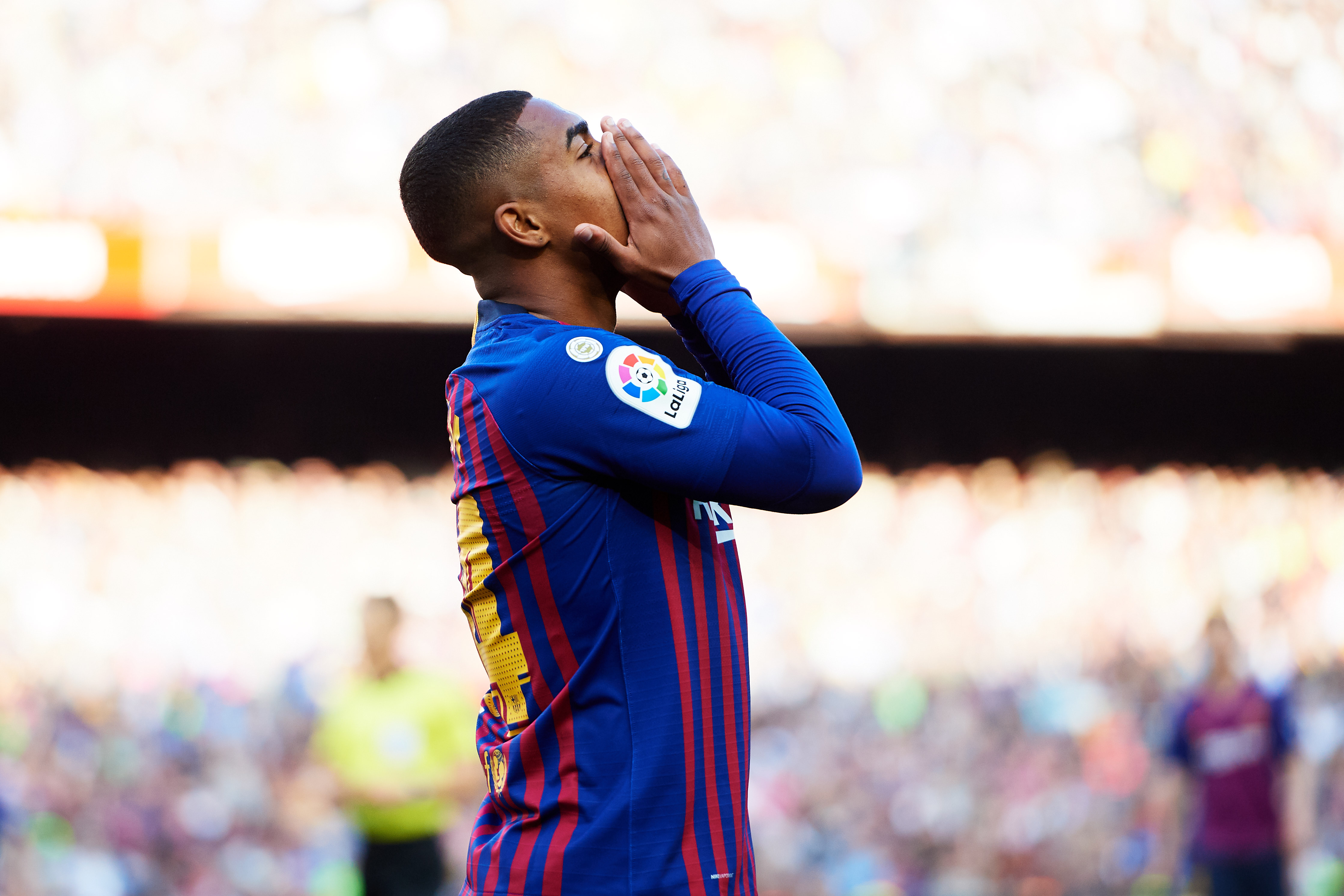 BARCELONA, SPAIN - MARCH 30: Malcom of FC Barcelona reacts during the La Liga match between FC Barcelona and RCD Espanyol at Camp Nou on March 30, 2019 in Barcelona, Spain. (Photo by Alex Caparros/Getty Images)