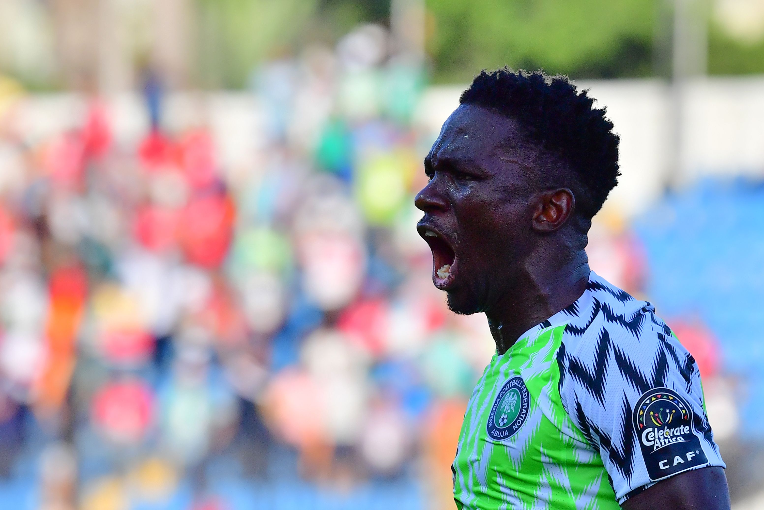 Nigeria's defender Kenneth Omeruo celebrates his goal during the 2019 Africa Cup of Nations (CAN) football match between Nigeria and Guinea at the Alexandria Stadium on June 26 , 2019. (Photo by Giuseppe CACACE / AFP)        (Photo credit should read GIUSEPPE CACACE/AFP/Getty Images)