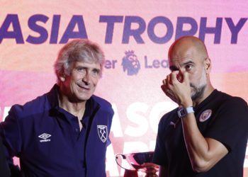 SHANGHAI, CHINA - JULY 19:  (L-R)  Head coach Manuel Pellegrini of West Ham United, Manager of Manchester City FC Pep Guardiola  attends cocktail reception to celebrate the Premier League Asia Trophy, the youth tournament and showcase the wider football development work in China, during the Premier League Asia Trophy on July 19, 2019 in Shanghai, China.  ((Photo by Fred Lee/Getty Images for Premier League)